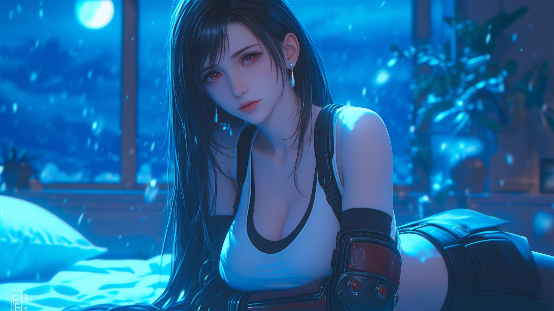 Tifa Lockhart resting in her room under moonlight