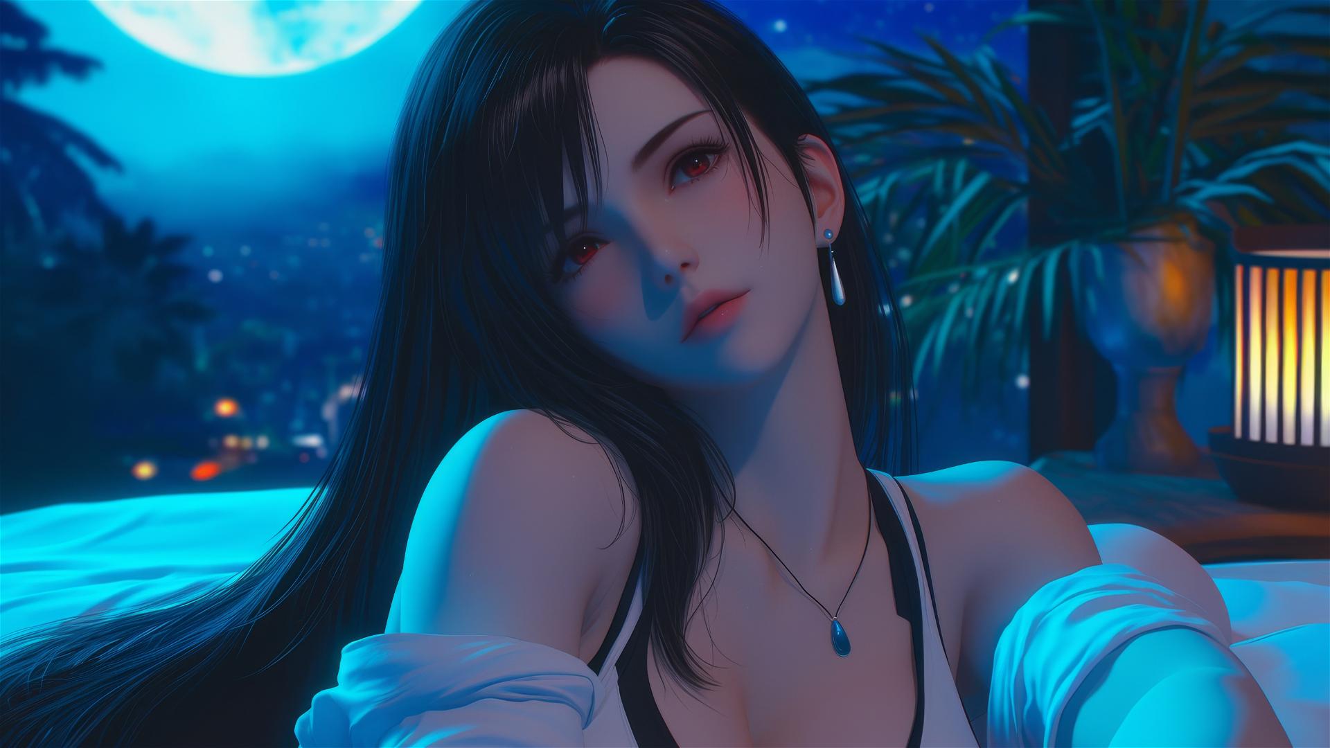 Tifa Lockhart resting in her room with moonlight glowing on her.