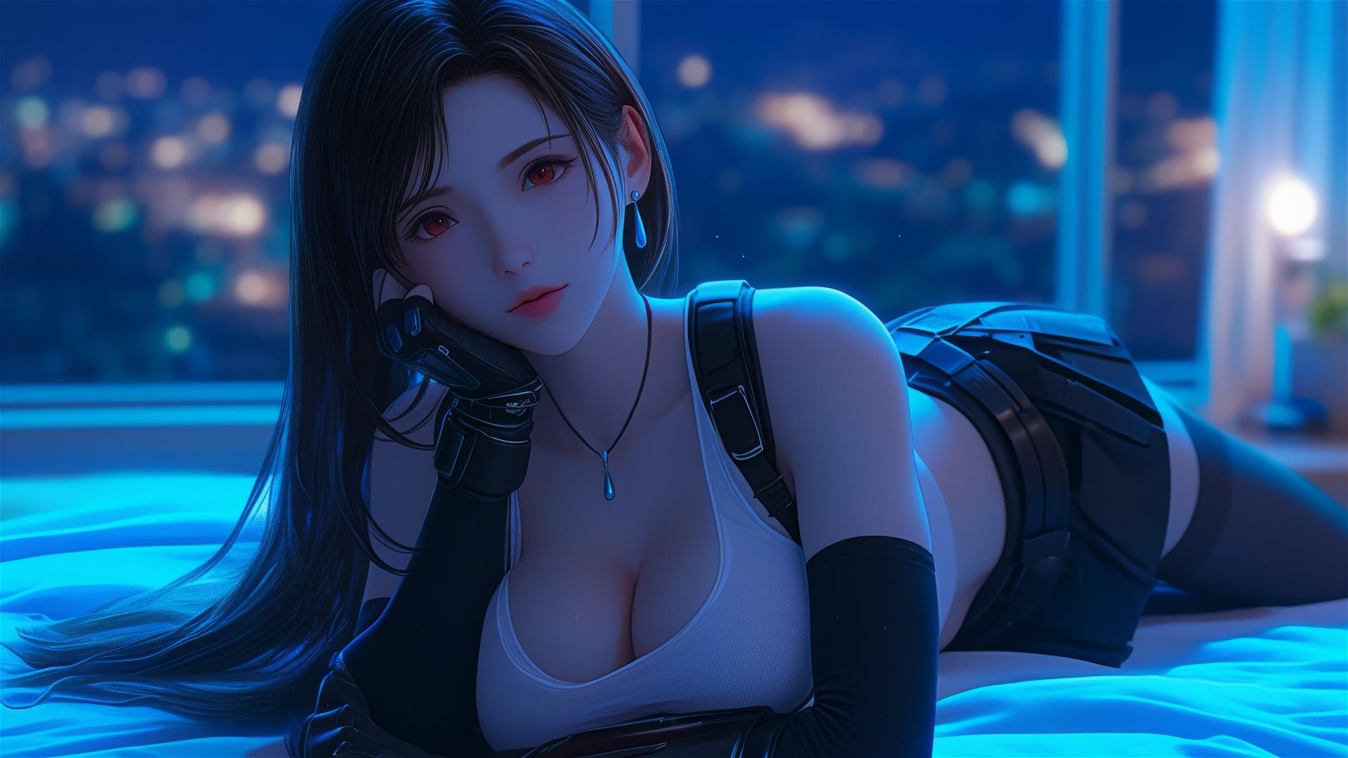 Tifa Lockhart resting under moonlight