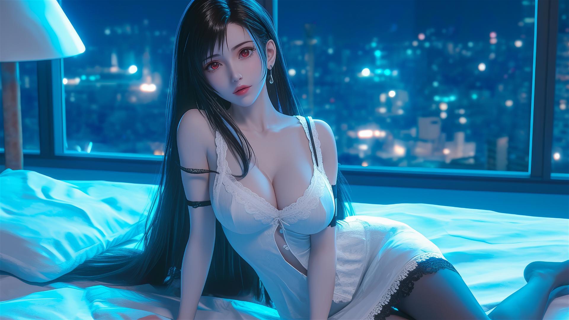 Tifa Lockhart resting in white pajamas with moonlight glow