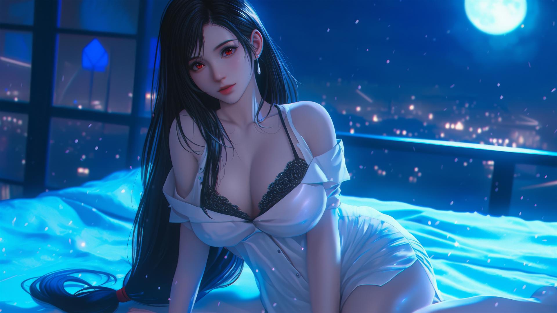 Tifa Lockhart from Final Fantasy in white pajamas resting in her room under moonlight.