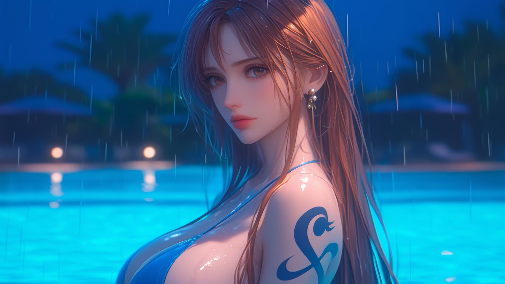 Nami from One Piece resting by a swimming pool under moonlight with rain