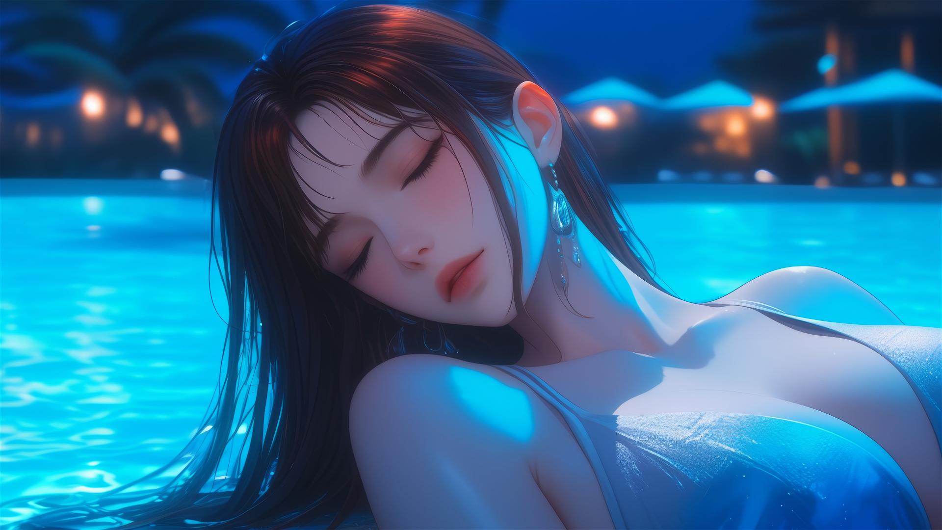Nami from One Piece resting by a swimming pool with moonlight and rain