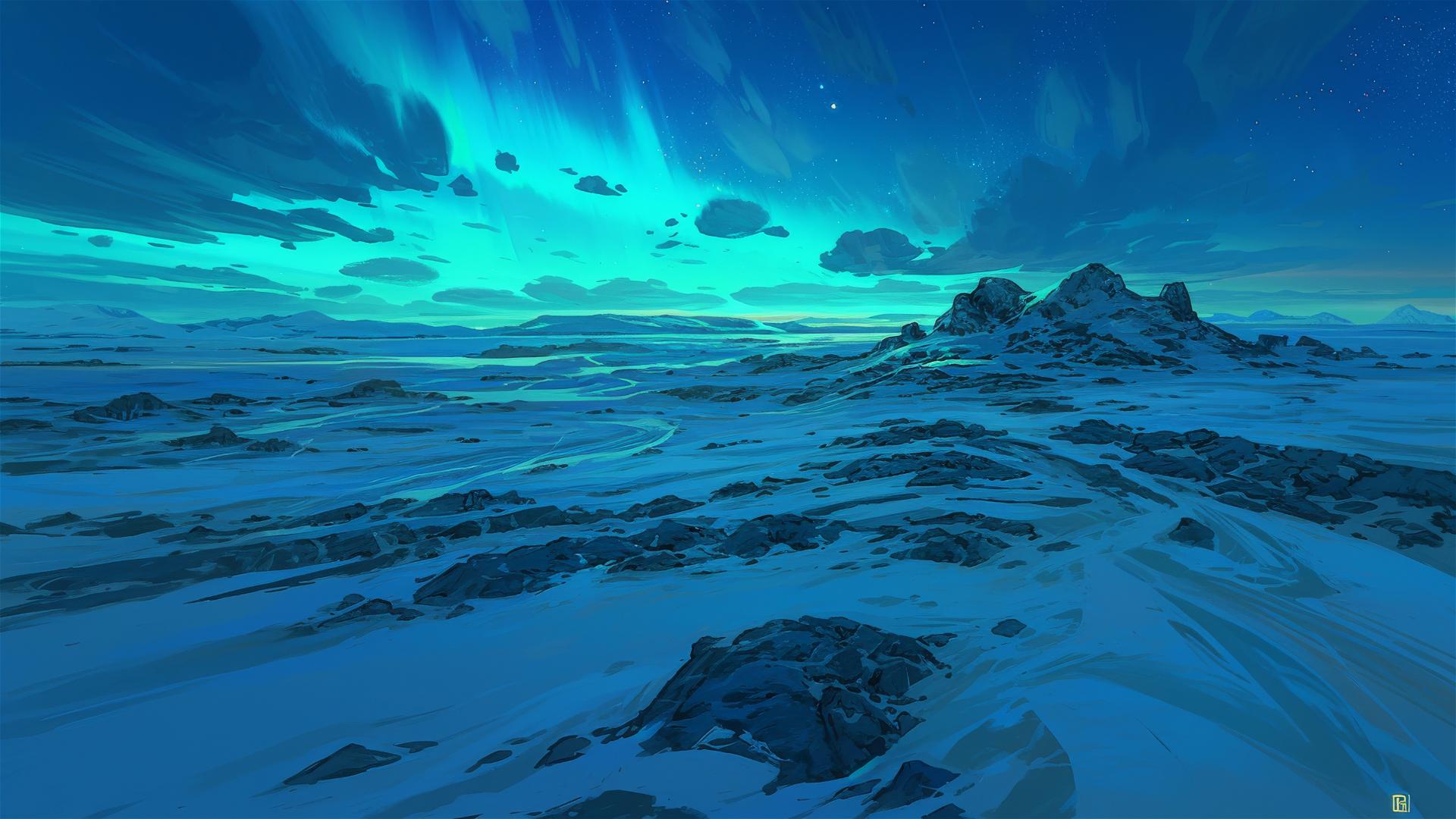 Barren tundra with wind-sculpted snow under northern lights