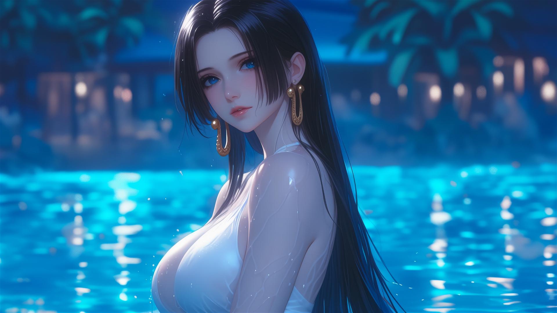 Boa Hancock rests by a rainy swimming pool under moonlight in a white dress.