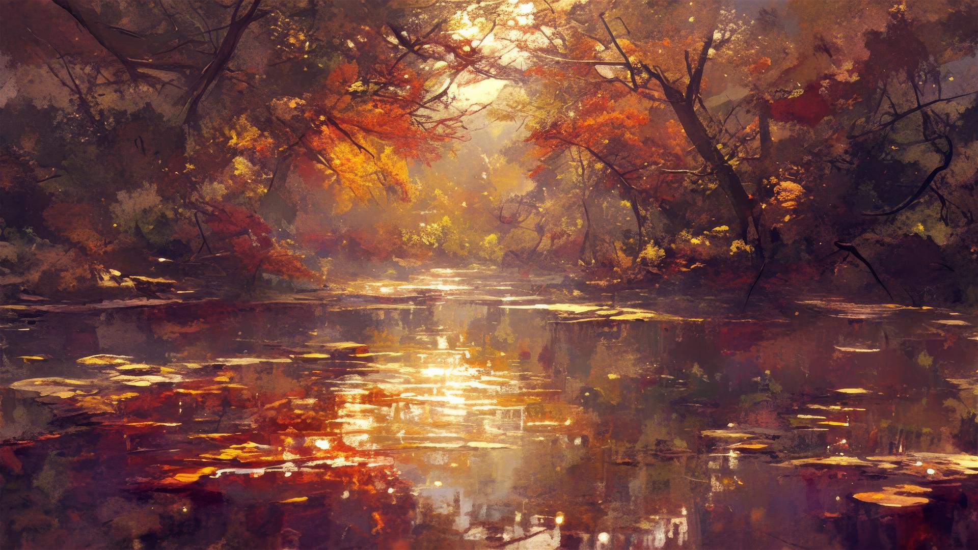 Peaceful autumn river reflecting fiery foliage