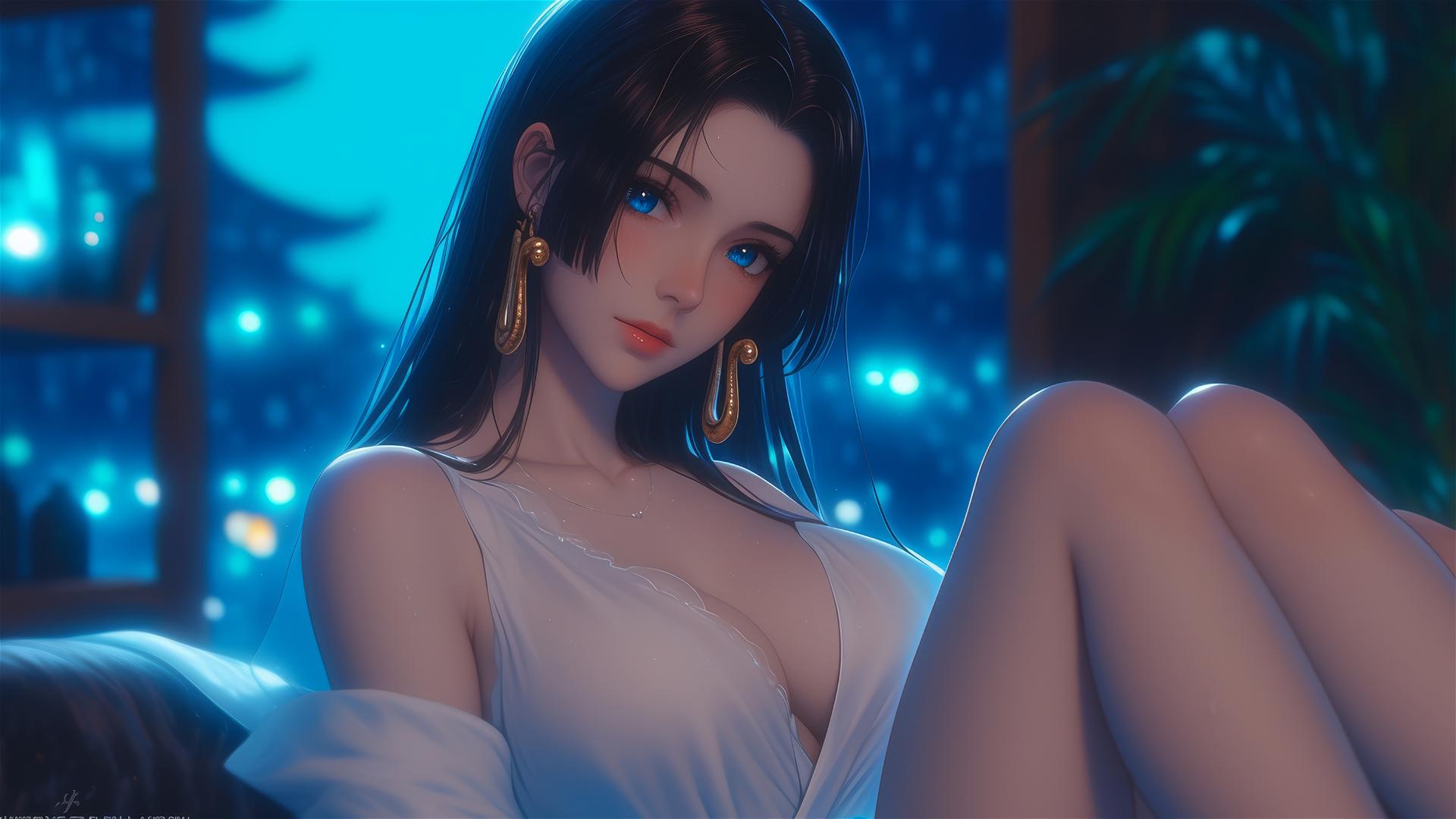 Boa Hancock from One Piece resting in an apartment under moonlight with short hair.