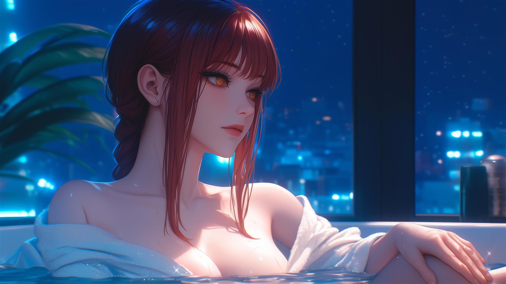 Makima from Chainsaw Man resting in a tub with moonlight glow