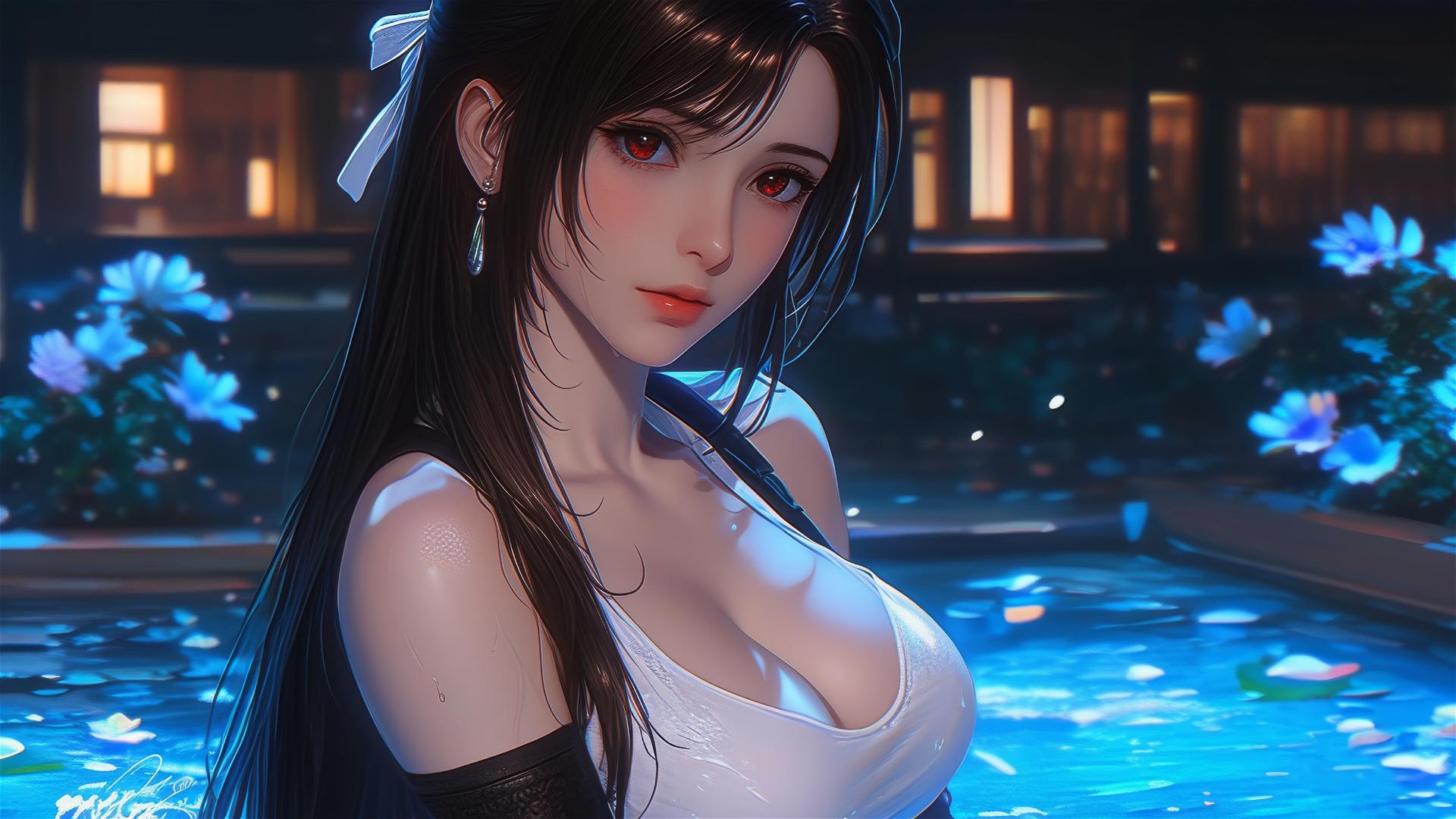 Tifa Lockhart from Final Fantasy in a tub full of flowers at a Chinese spa.