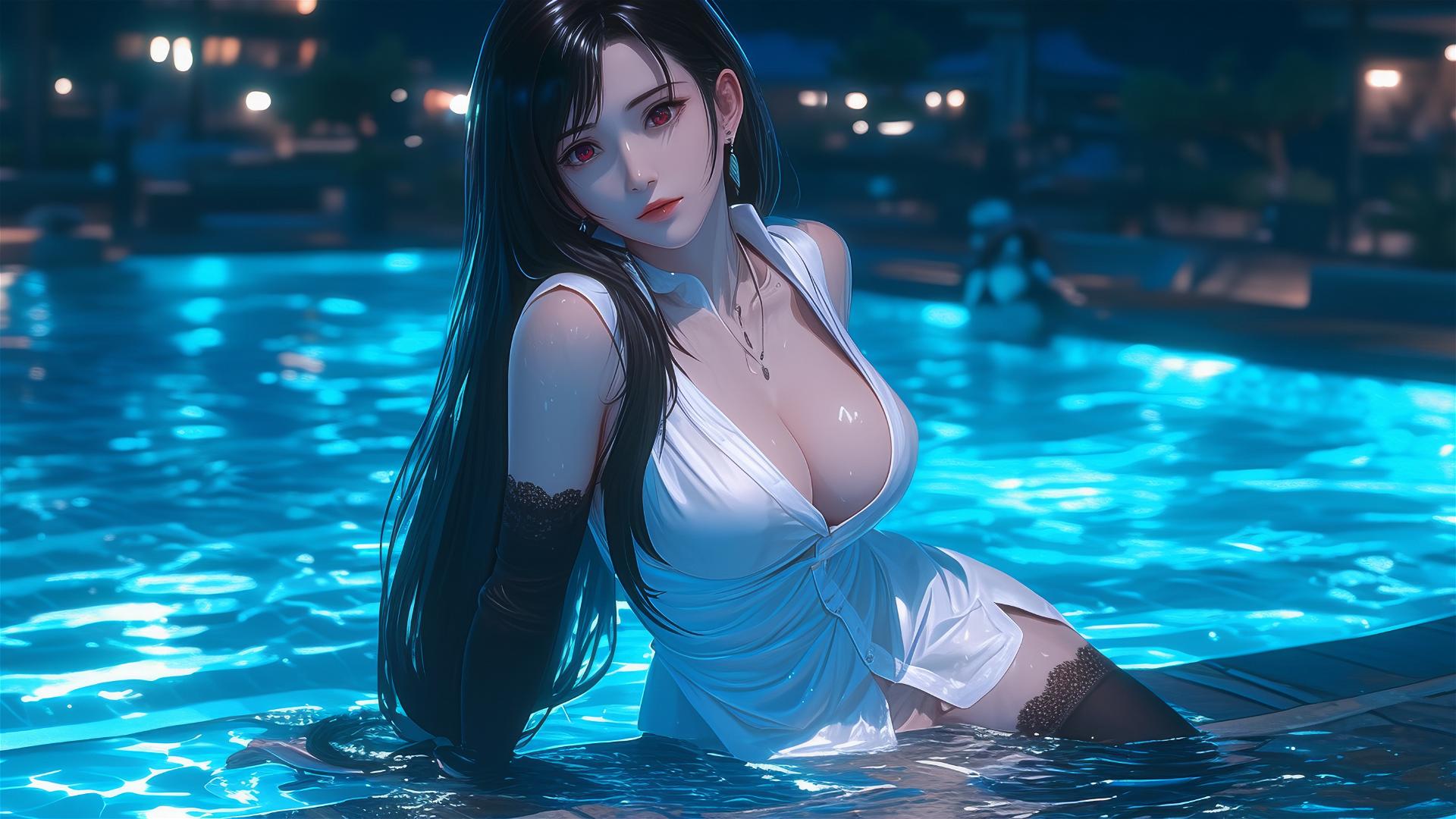 Tifa Lockhart in white silk pajamas, resting by pool under moonlight.
