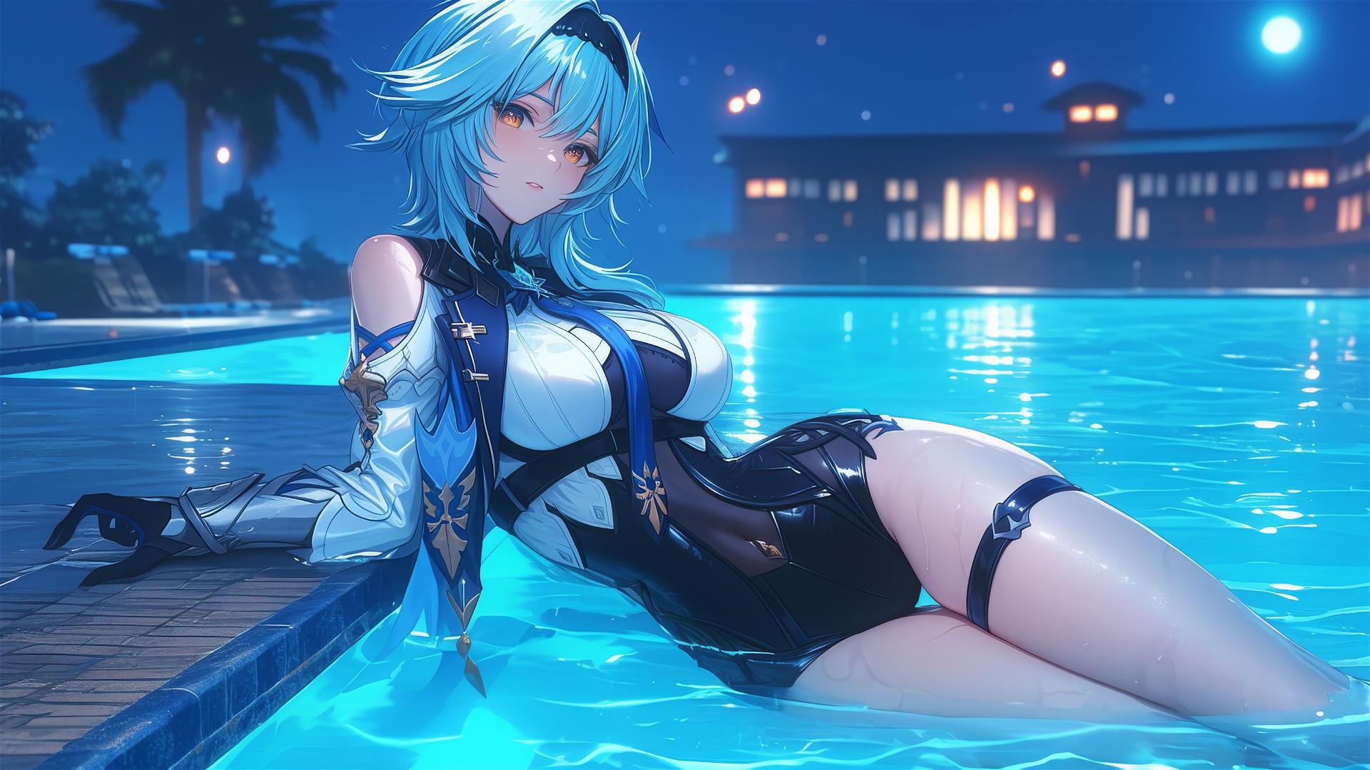Eula Lawrence from Genshin Impact resting by the pool under moonlight.