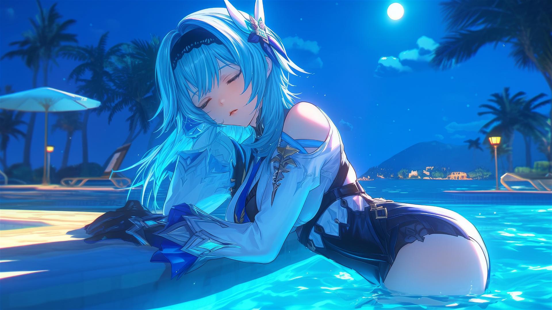 Eula Lawrence from Genshin Impact resting at a pool under moonlight