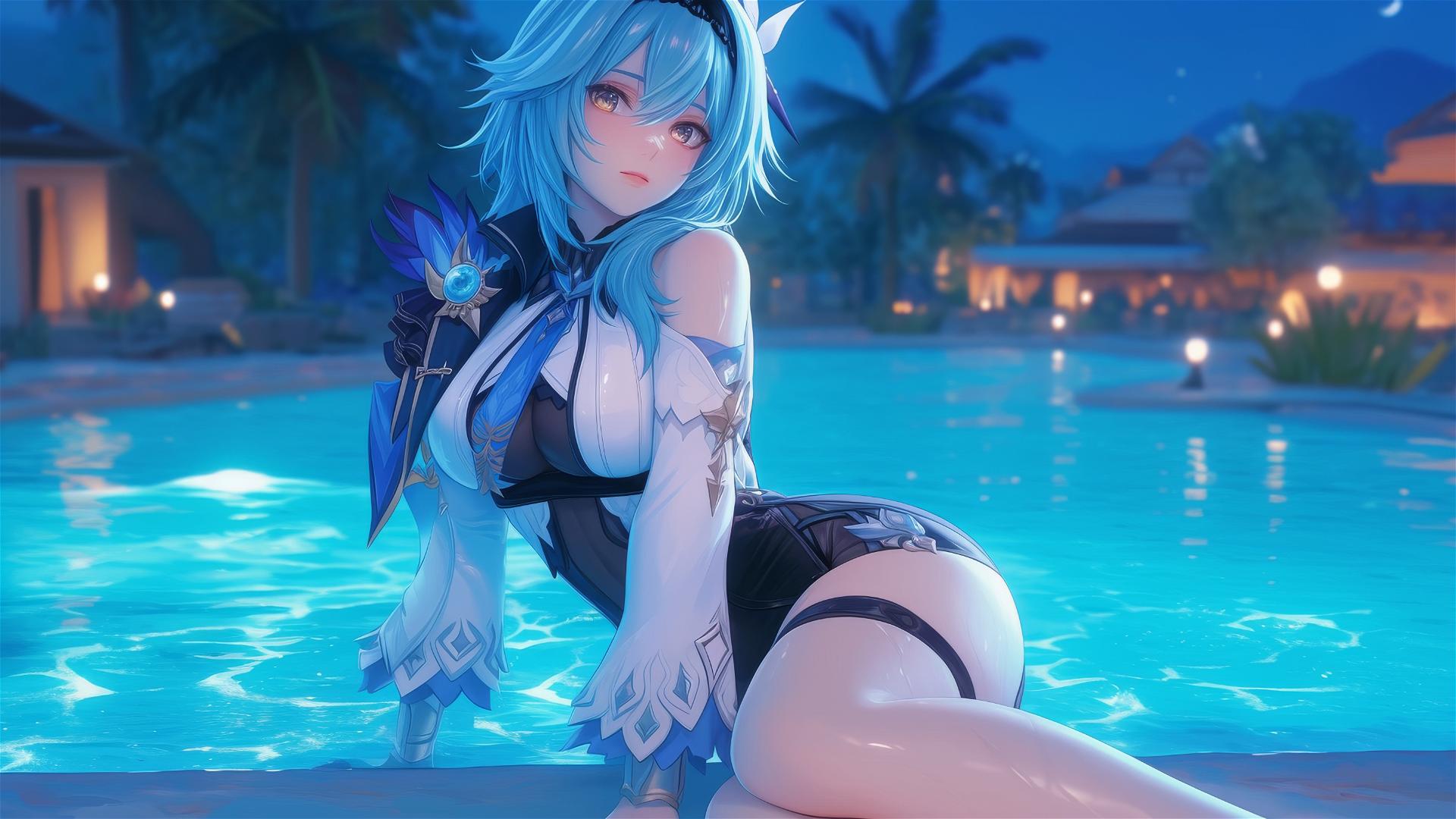Eula Lawrence from Genshin Impact resting by a swimming pool under moonlight