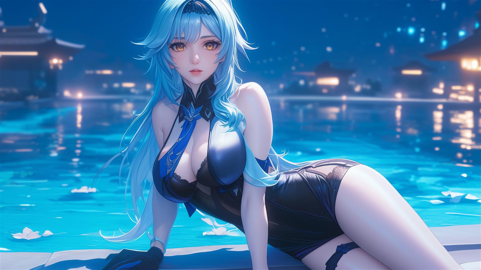 Eula Lawrence resting by a moonlit pool with light blue hair