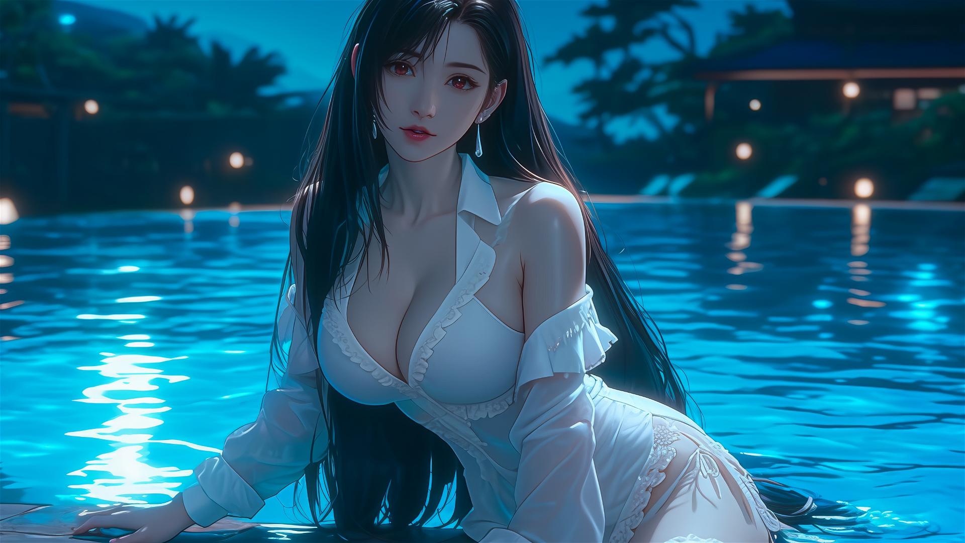 Tifa Lockhart in white silk pajamas resting by a moonlit swimming pool