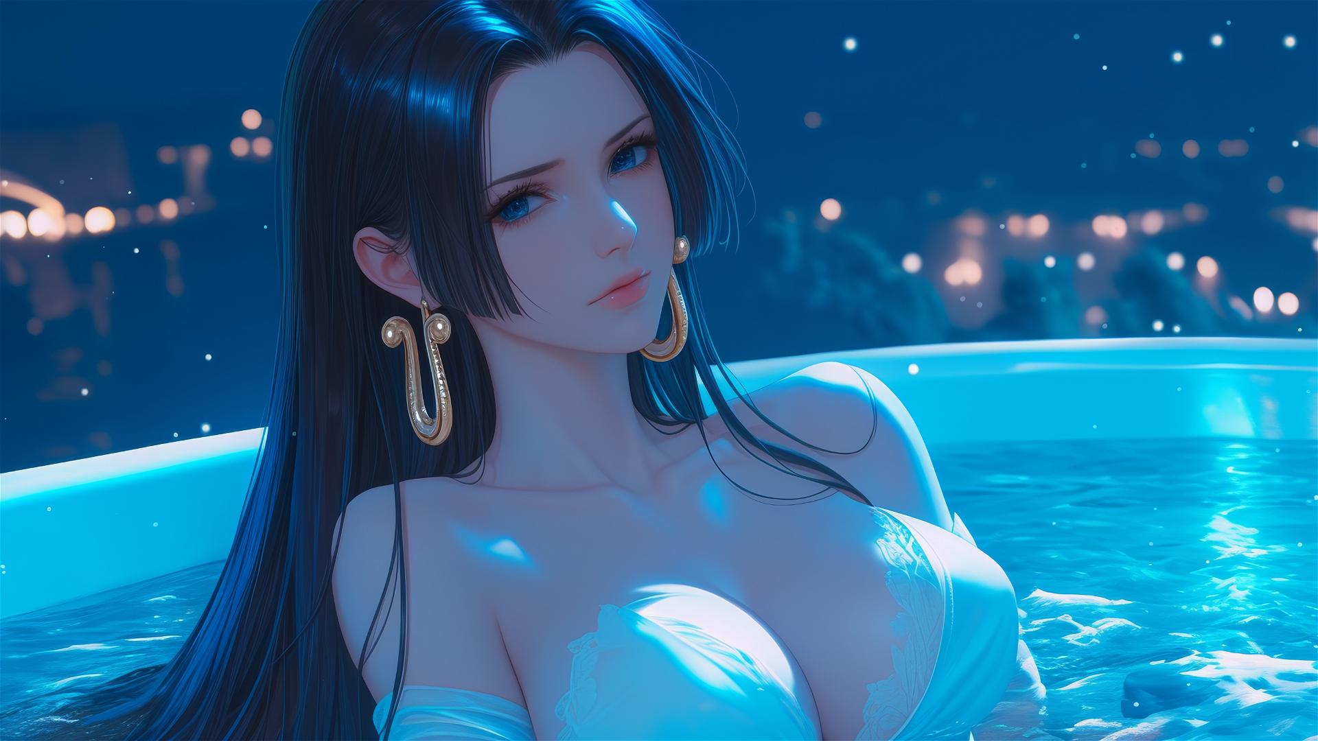 Boa Hancock resting in a tub with moonlight casting a soft glow on her figure.