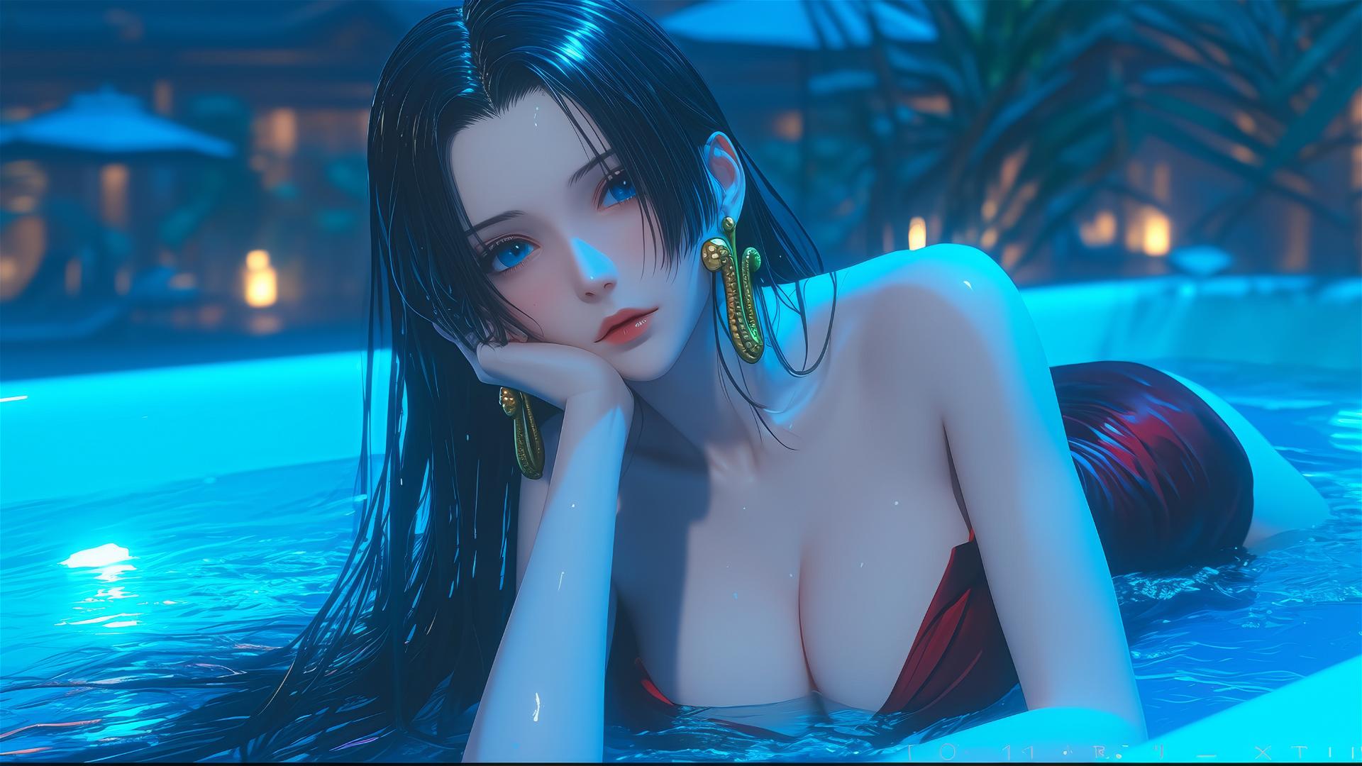 Boa Hancock resting in a tub with moonlight glowing on her.
