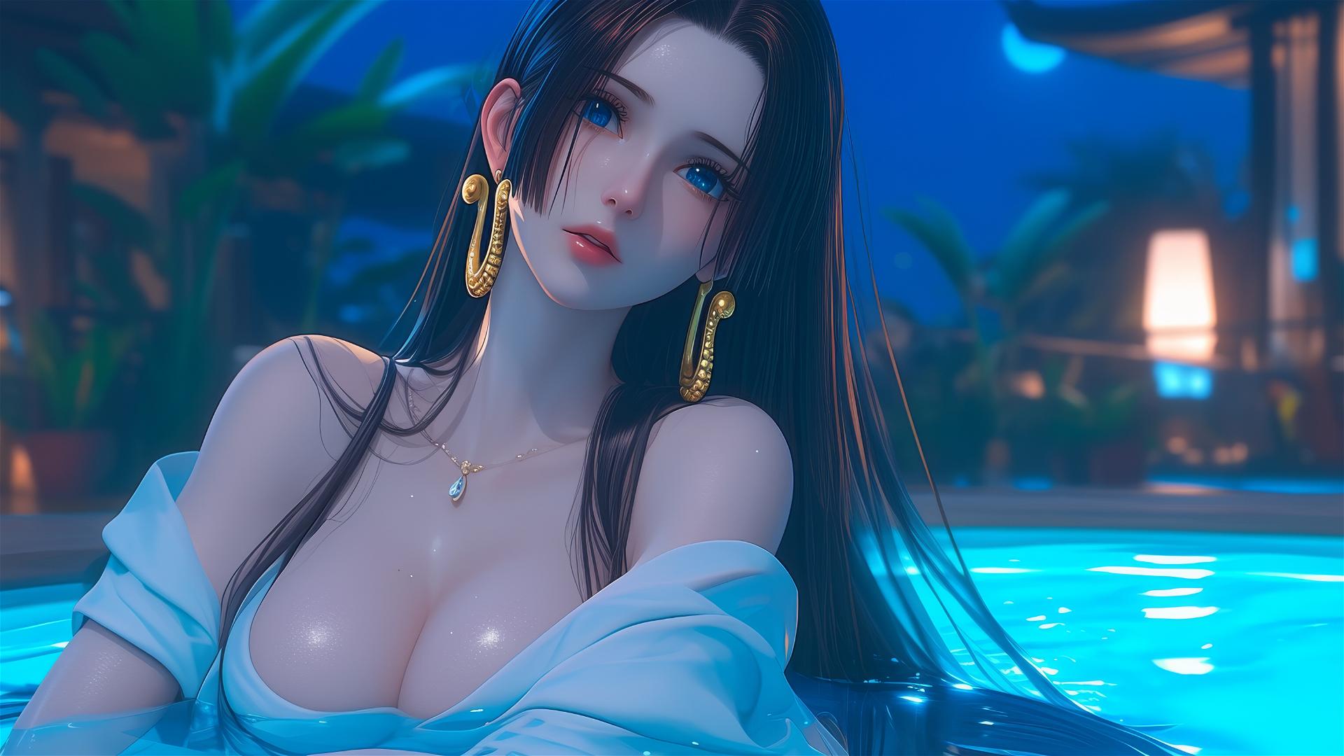 Boa Hancock from One Piece resting in a tub, moonlight glow