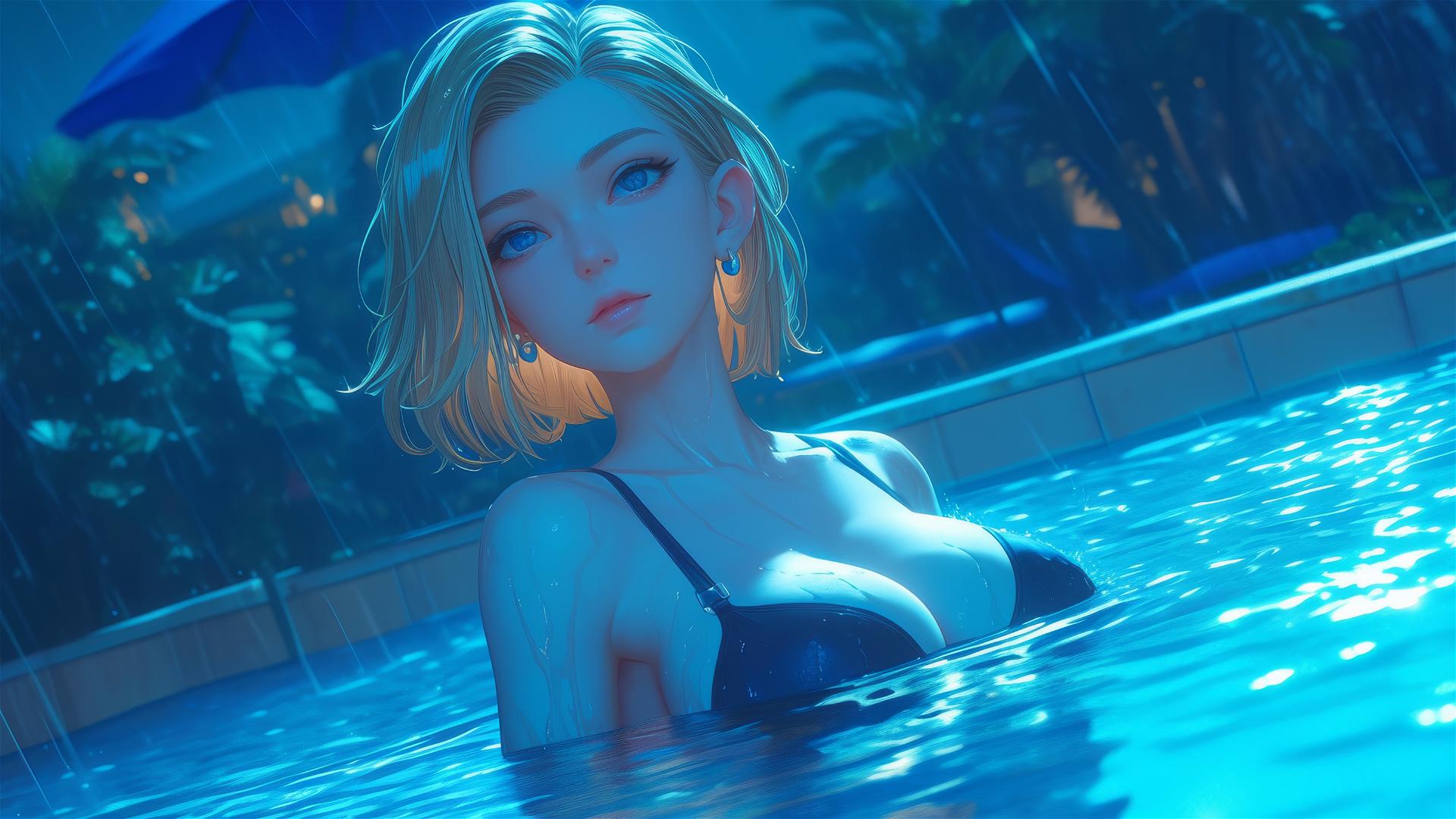 Android 18 resting by a rainy pool under moonlight