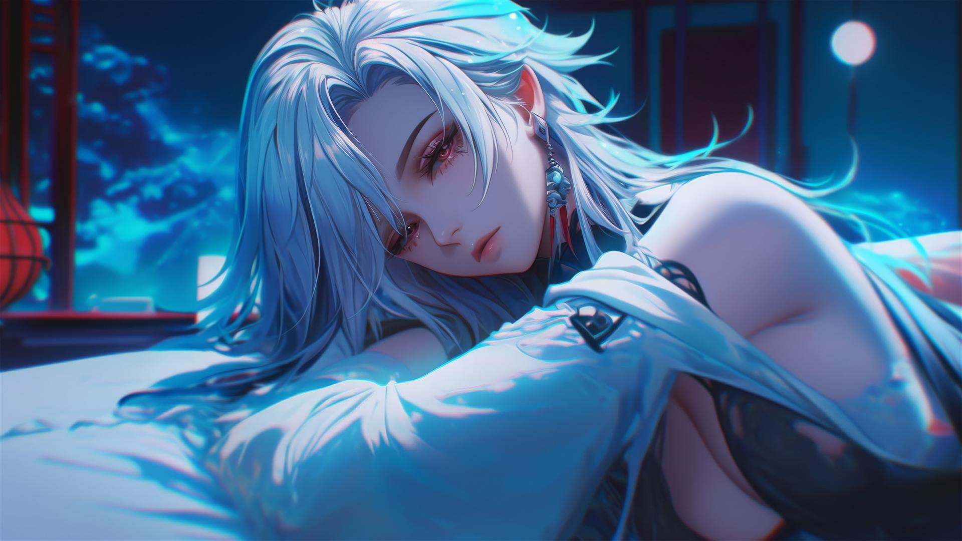 Arlecchino from Genshin Impact with snow white hair, black streaks, in a modern hotel room under moonlight.