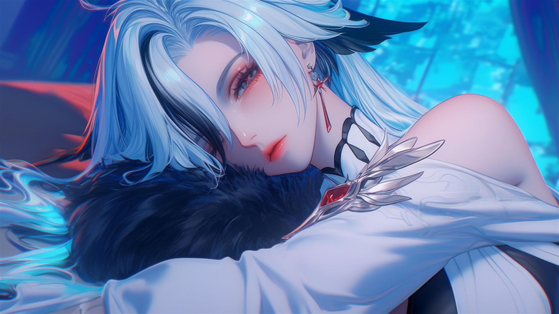 Arlecchino from Genshin Impact with snow white hair and black streaks resting in a modern hotel room under moonlight.