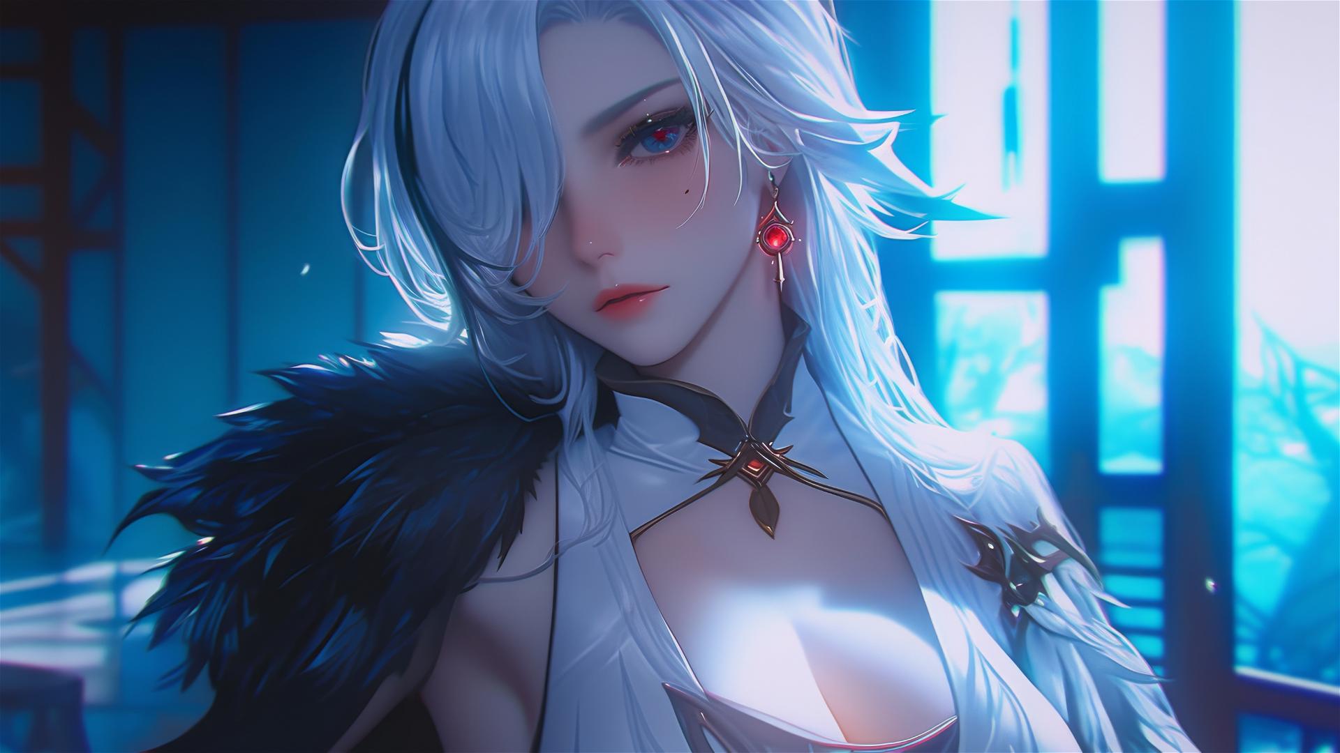 Beautiful Arlecchino from Genshin Impact with snow white hair and red 'x'-shaped pupil in a moonlit modern hotel room