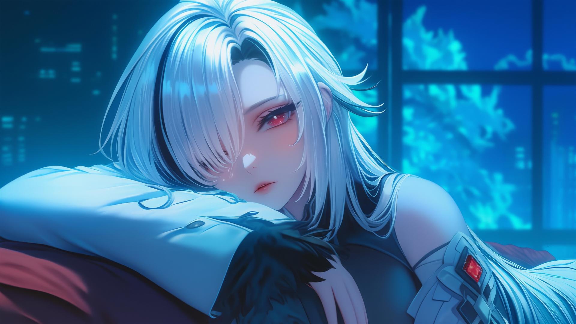 Arlecchino from Genshin Impact with snow white hair and black streaks, resting in a modern hotel room by moonlight.