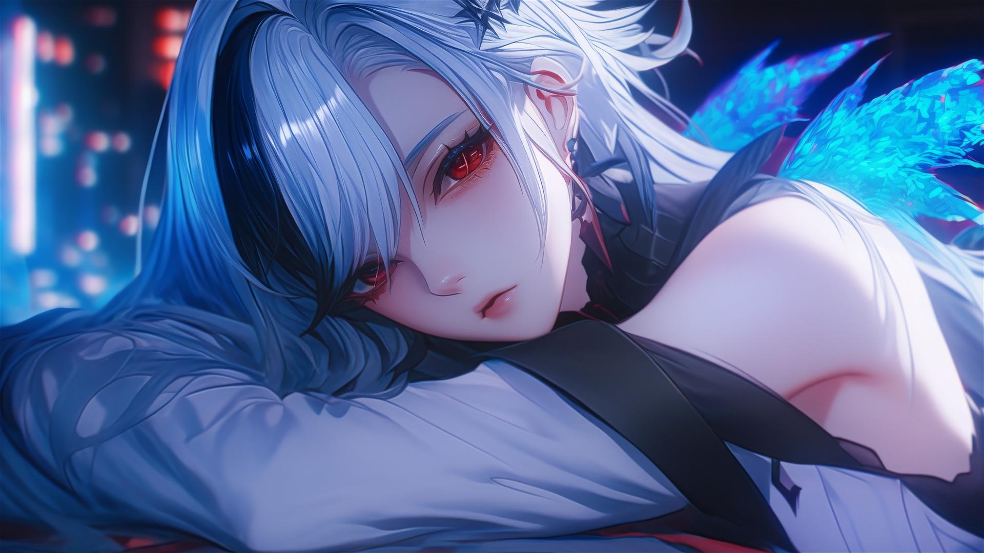 Arlecchino from Genshin Impact with snow white hair and black streaks, resting in a modern hotel room under moonlight.