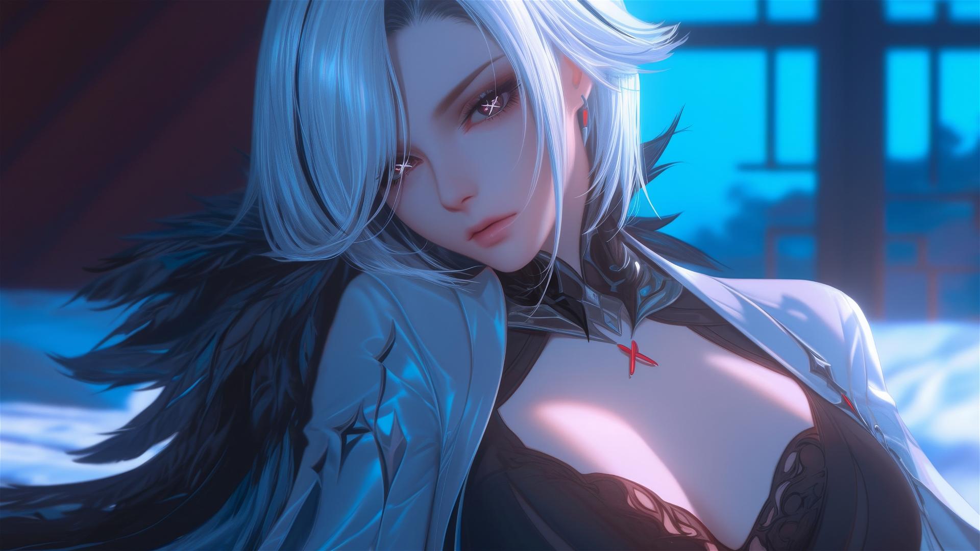 Arlecchino from Genshin Impact with snow white hair and red 'x'-shaped pupils resting in a modern hotel room under moonlight