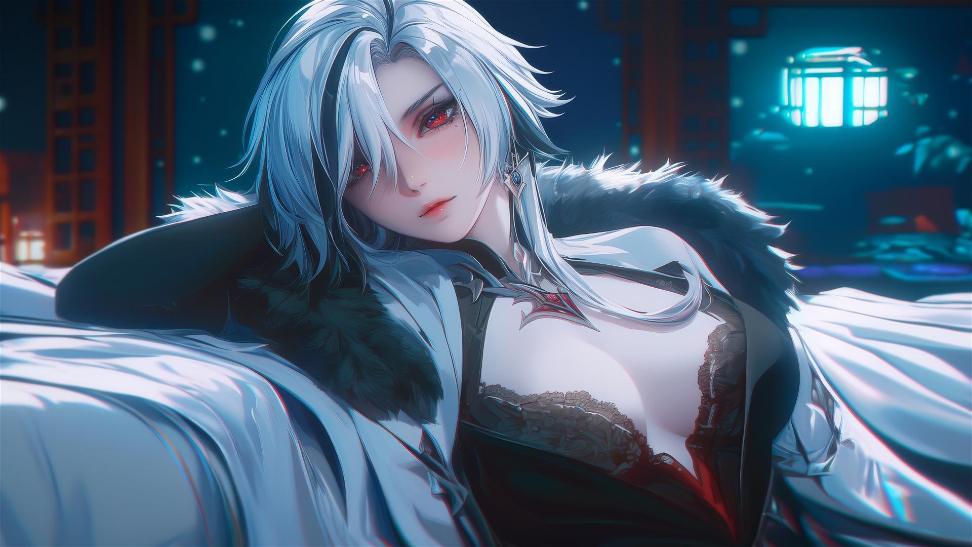 Arlecchino from Genshin Impact with snow white hair, in a modern hotel room