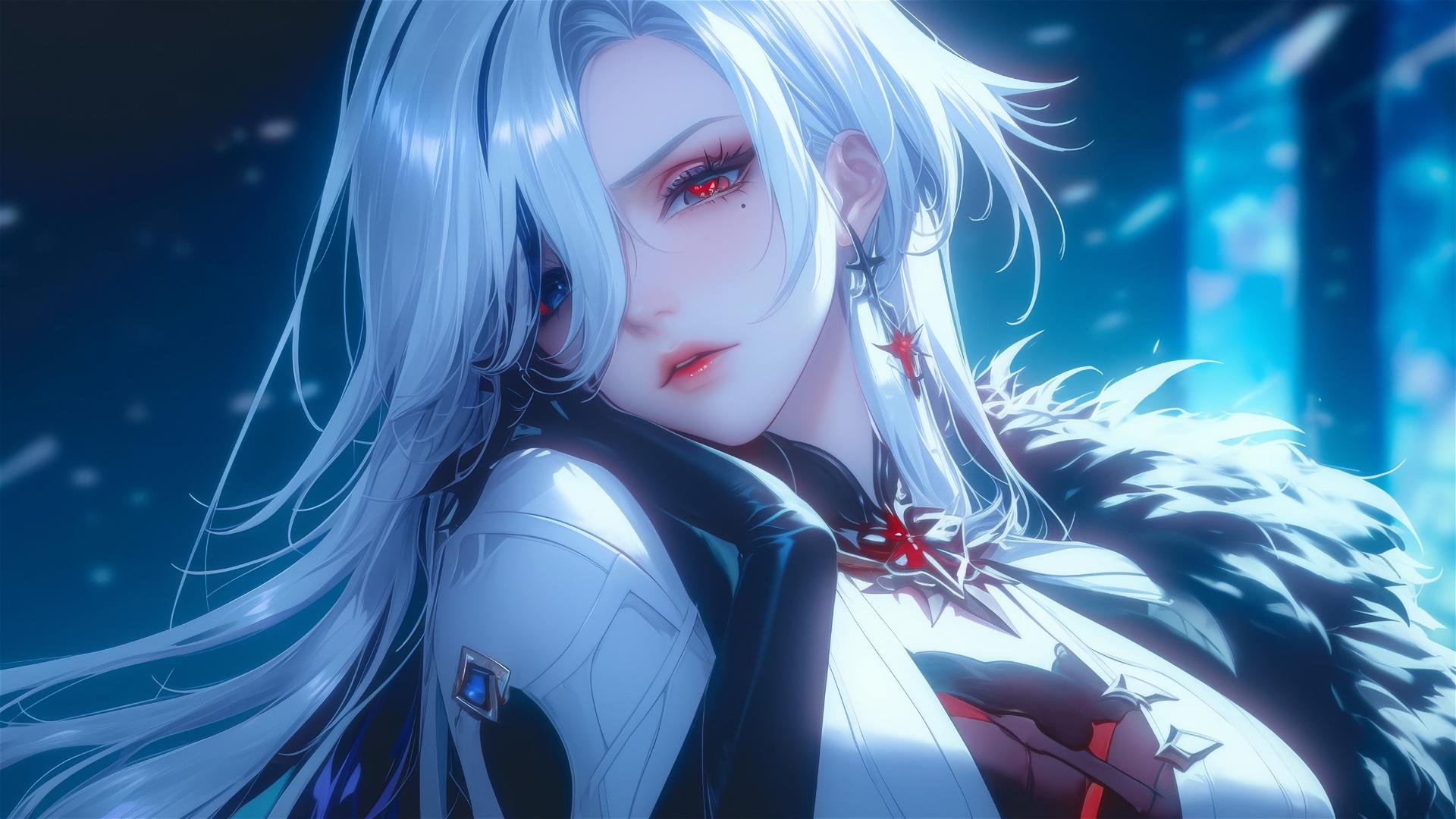 Arlecchino from Genshin Impact with snow white and black streaked hair, resting in a modern hotel room under moonlight.