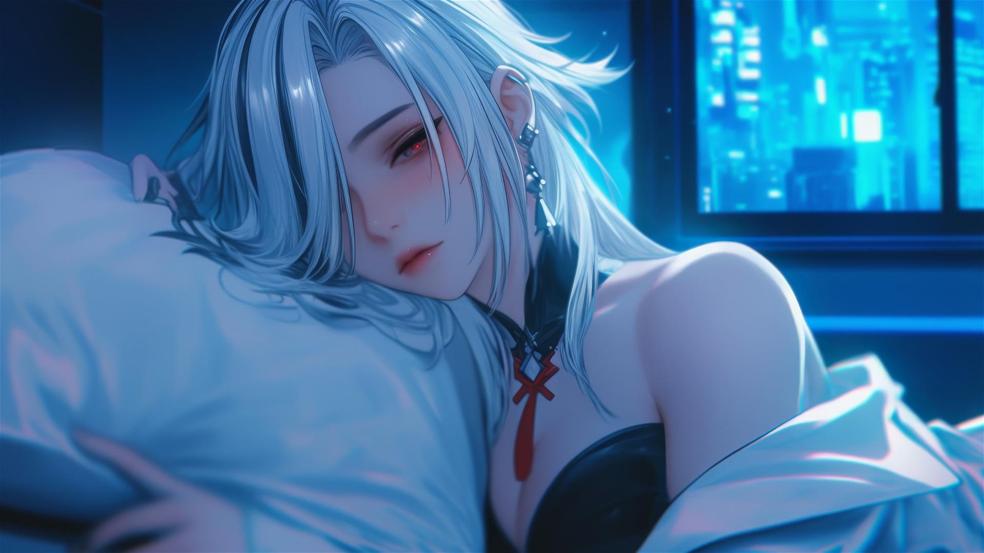 Arlecchino with snow white hair and black streaks, in a modern hotel room under moonlight.