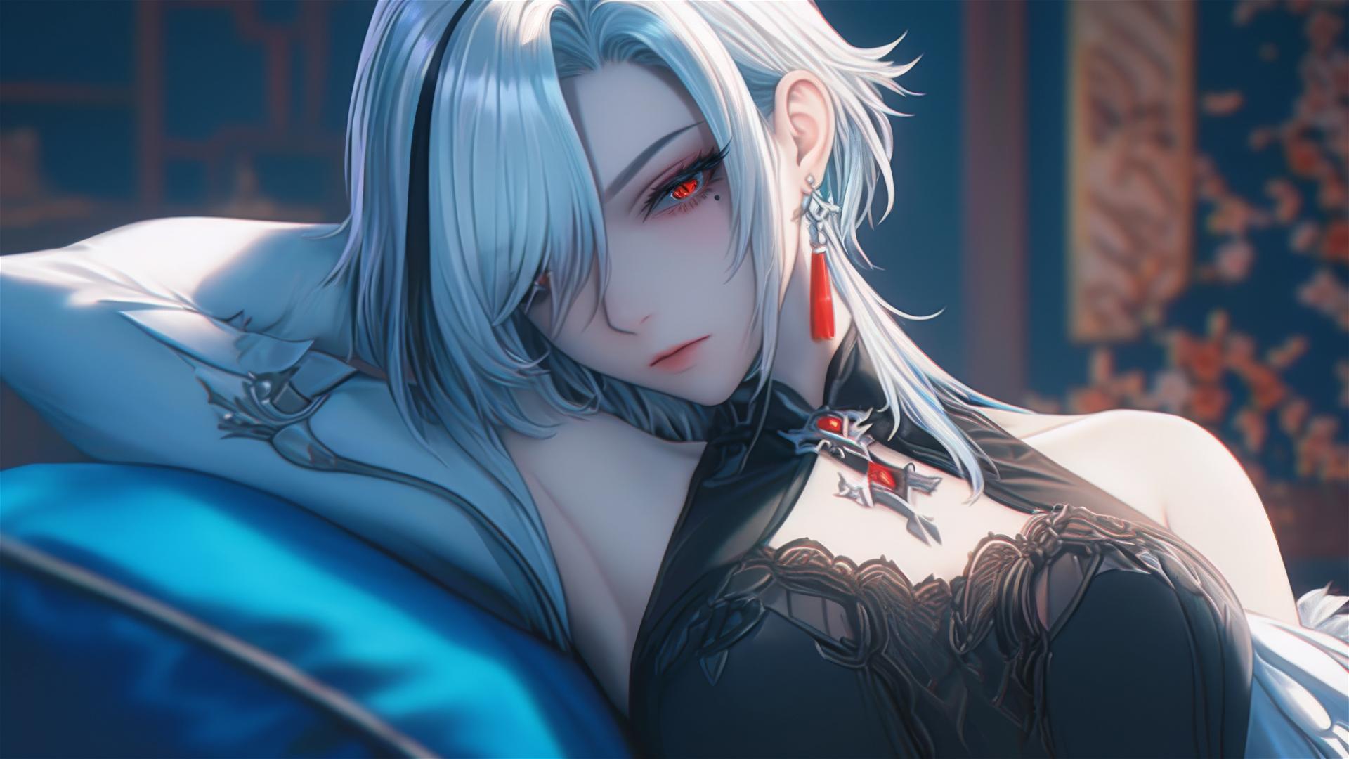 Arlecchino from Genshin Impact with snow white hair and black streaks, resting in a modern hotel room under moonlight.