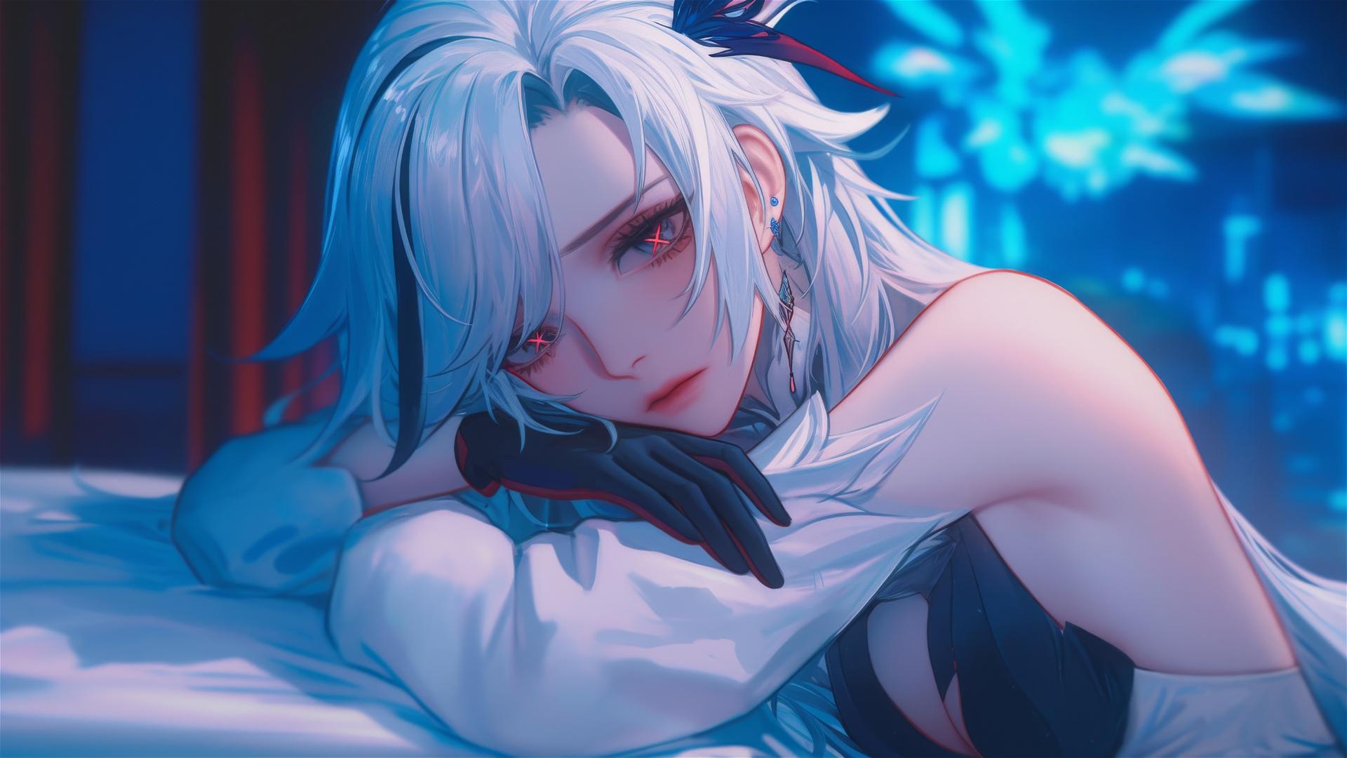 Arlecchino from Genshin Impact with snow white hair and black streaks, red 'x'-shaped pupils, resting in a modern hotel room with moonlight glow.