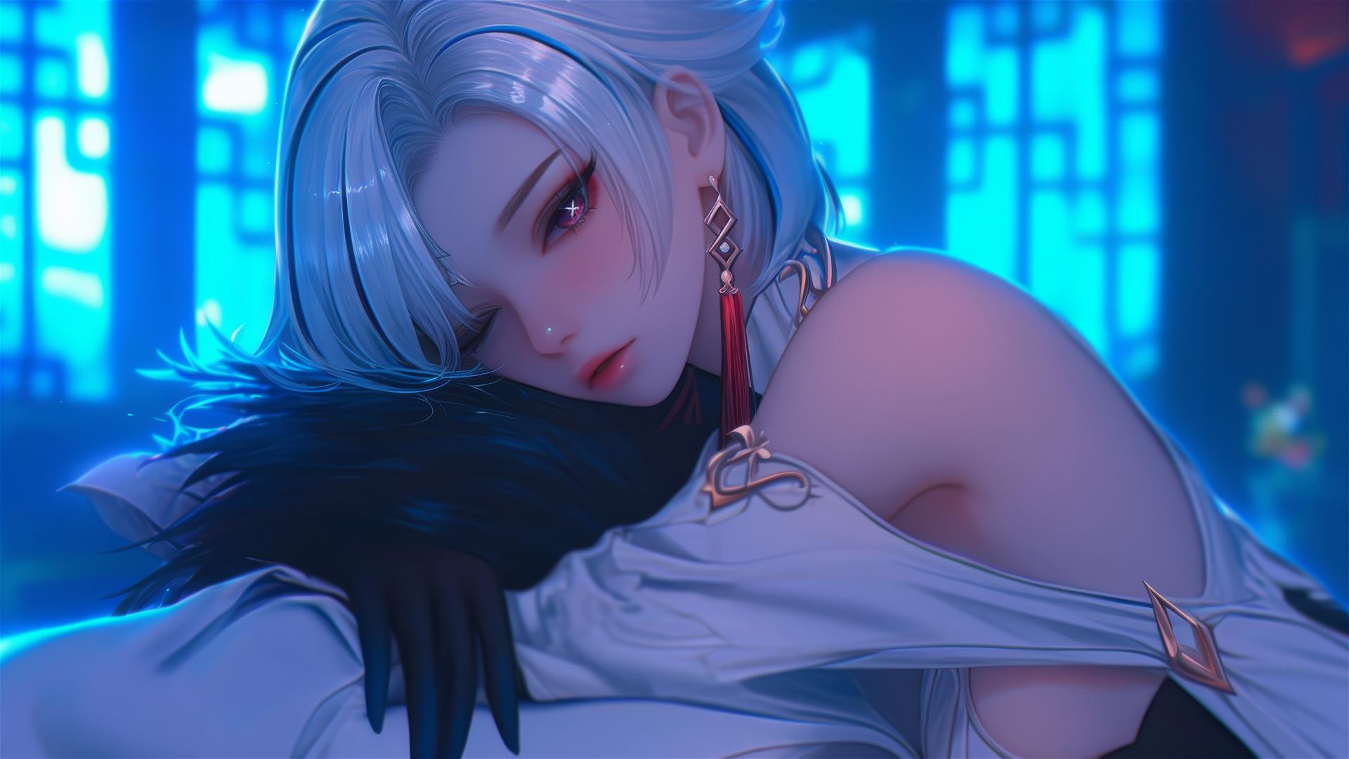 Arlecchino from Genshin Impact with snow white hair and black streaks, resting in a modern hotel room under moonlight.