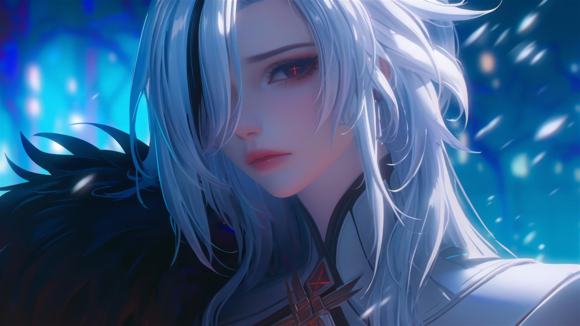 Arlecchino from Genshin Impact with snow white hair and black streaks, resting in a modern hotel room under moonlight