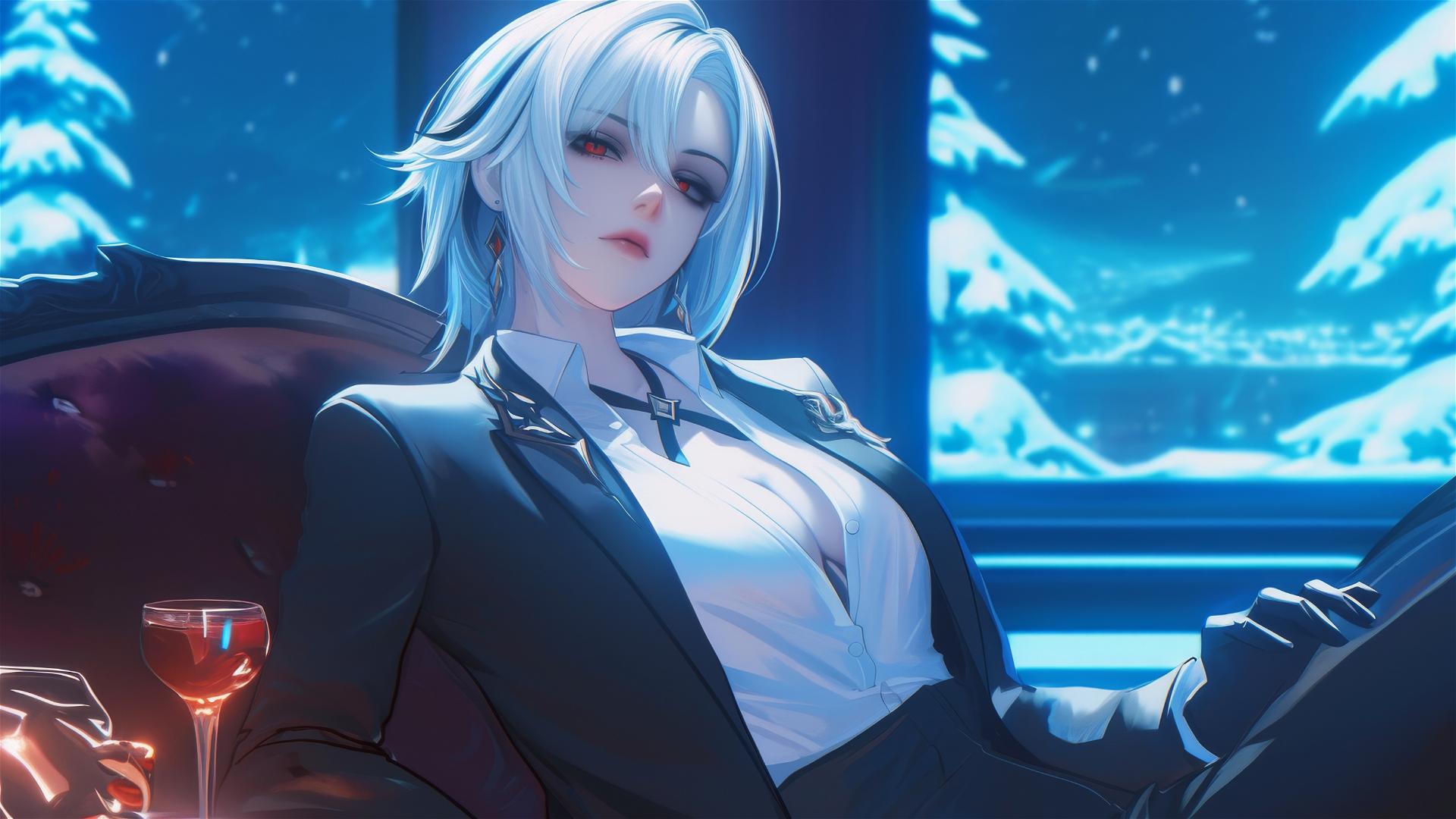 Arlecchino from Genshin Impact with white hair and black streaks, in a hotel room at night.