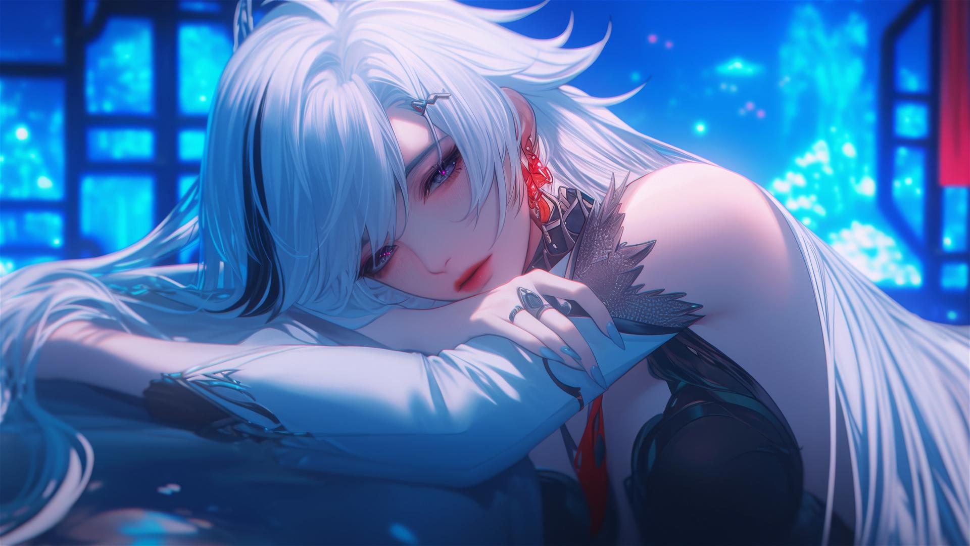 Arlecchino with snow white hair and black streaks, in a modern hotel room with moonlight