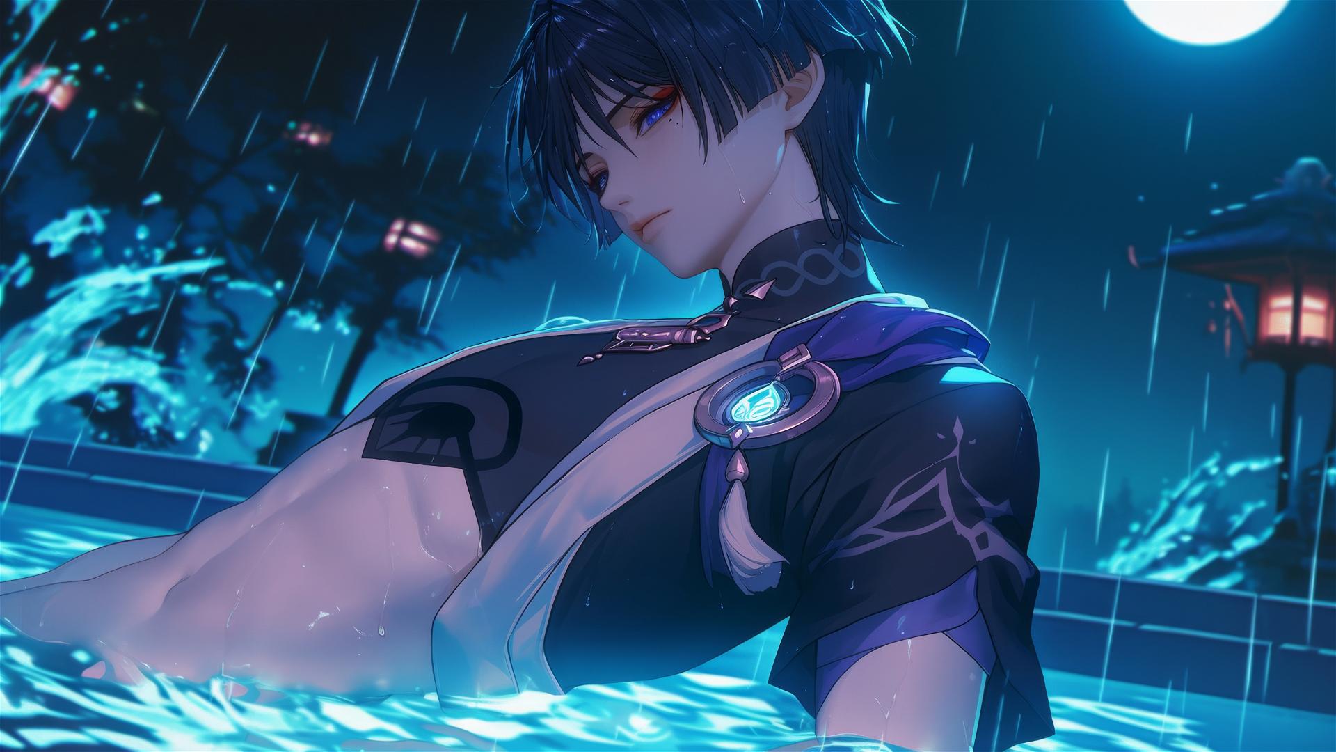 Scaramouche from Genshin Impact rests in a rainy pool under moonlight
