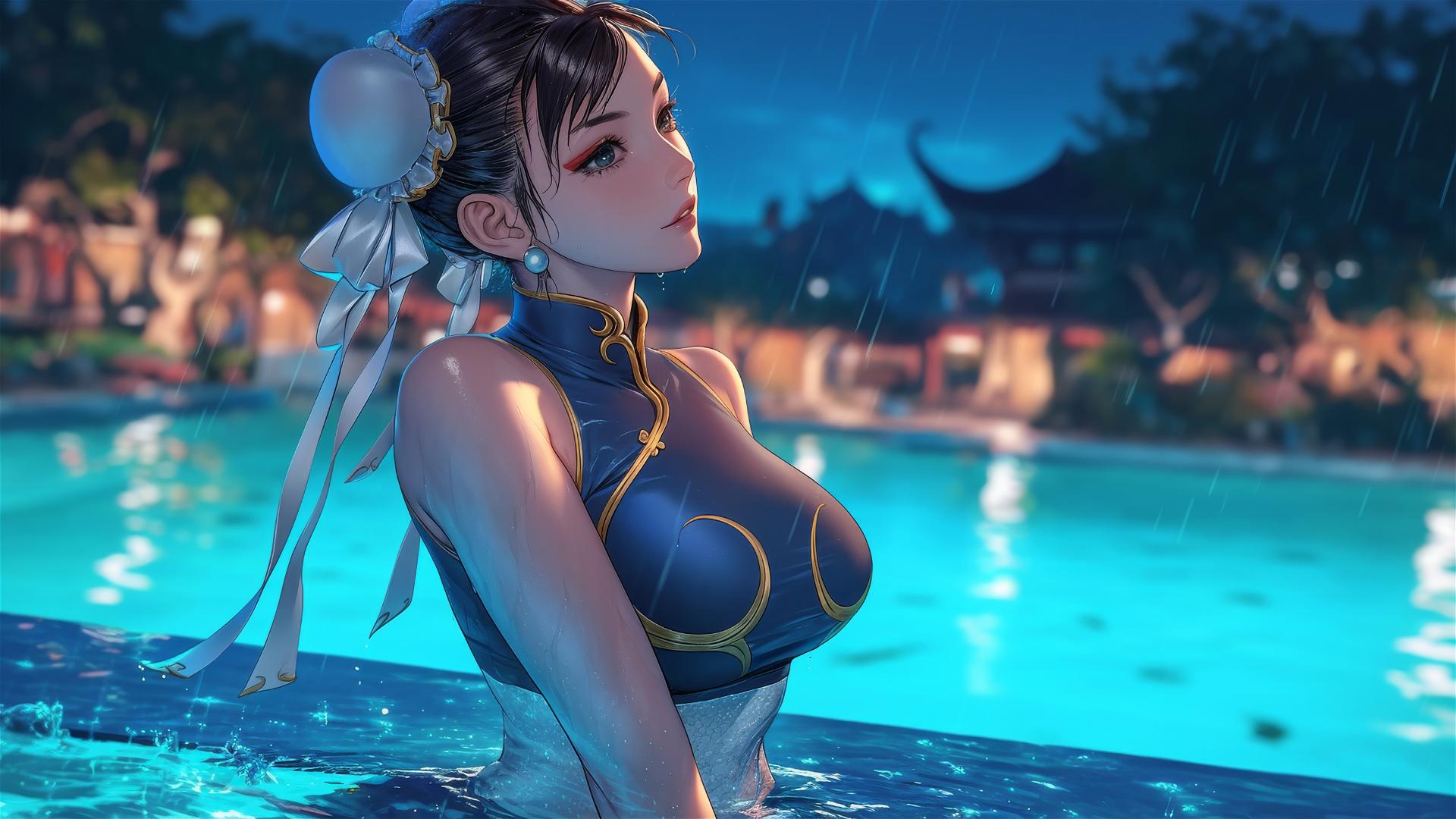 Chun Li standing in a rainy swimming pool illuminated by moonlight