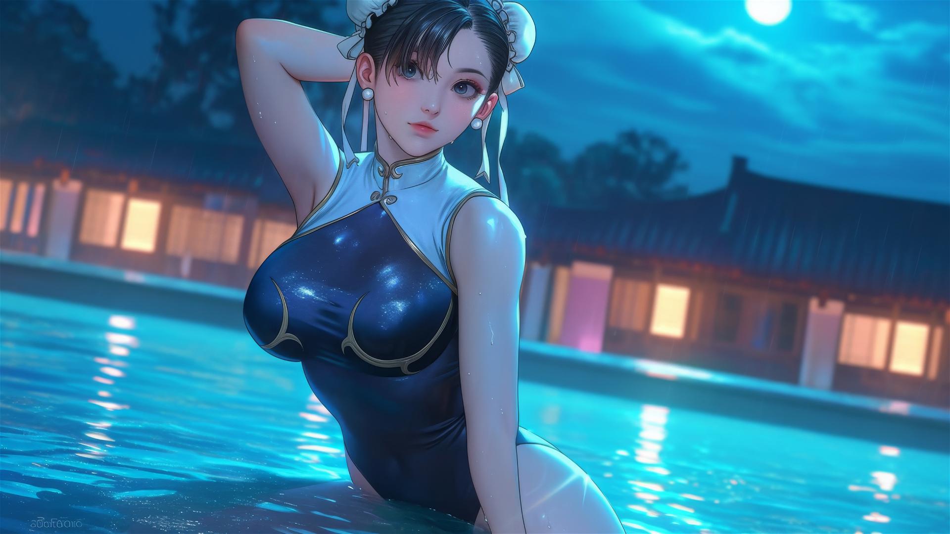 Chun Li standing in rainy swimming pool under moonlight
