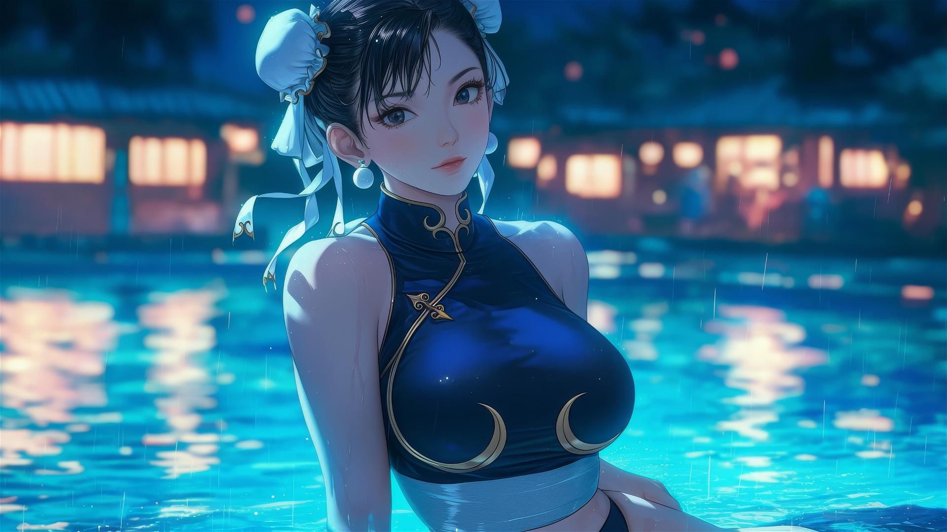 Chun Li in rainy swimming pool with moonlight glow