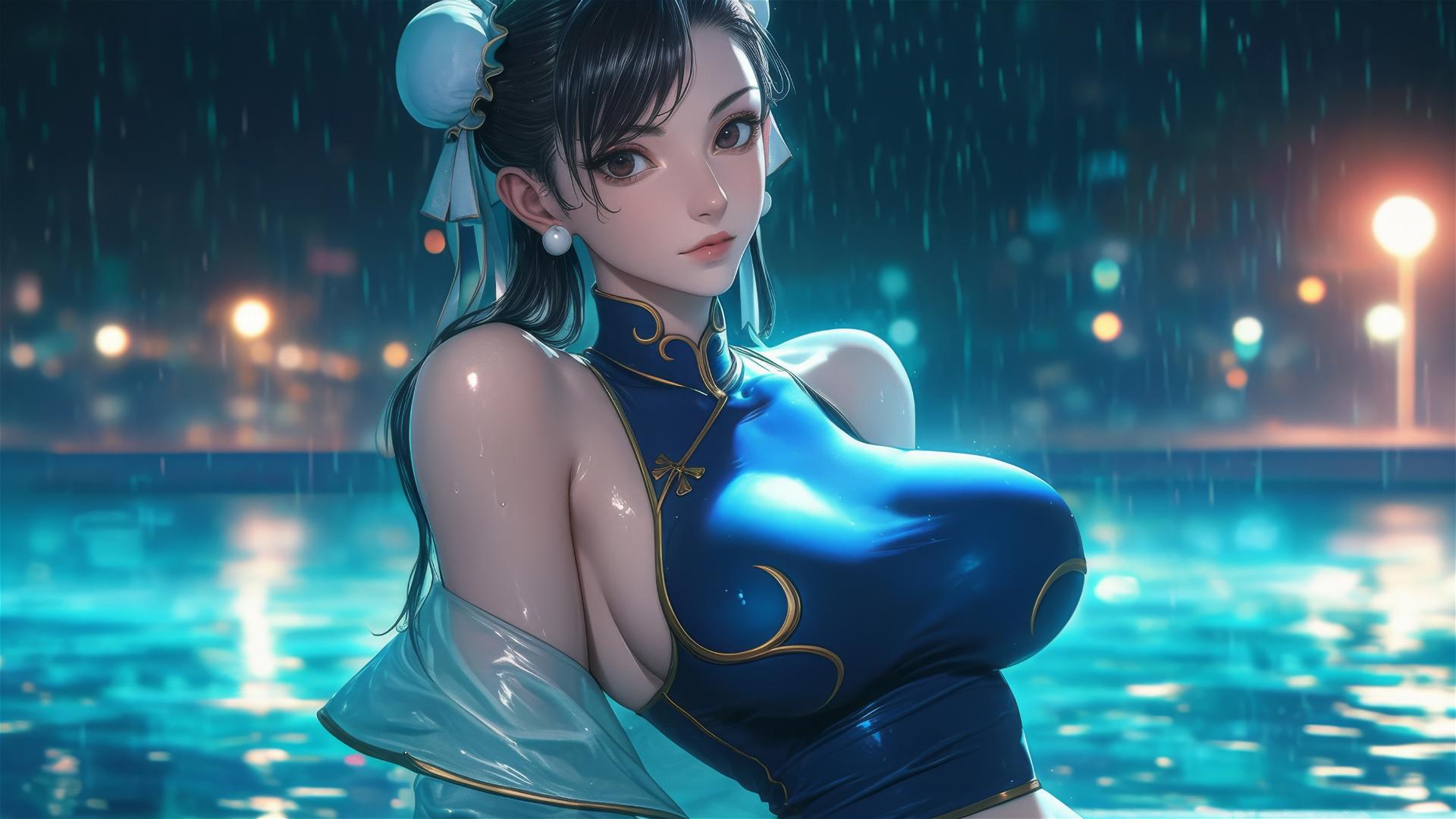 Chun Li standing in rainy swimming pool under moonlight