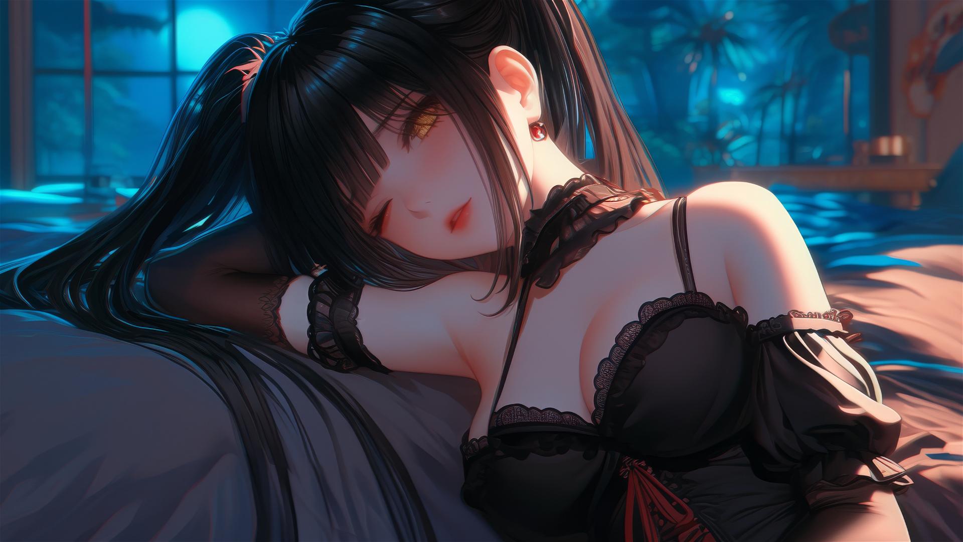Kurumi Tokisaki resting in a modern hotel room, moonlight glow, red and yellow eyes.