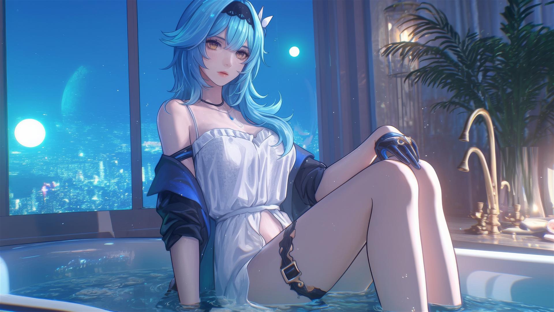 Eula Lawrence from Genshin Impact resting in a tub under moonlight.