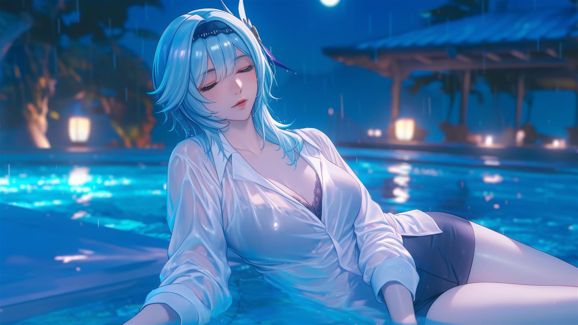Eula Lawrence resting by a rainy swimming pool under moonlight