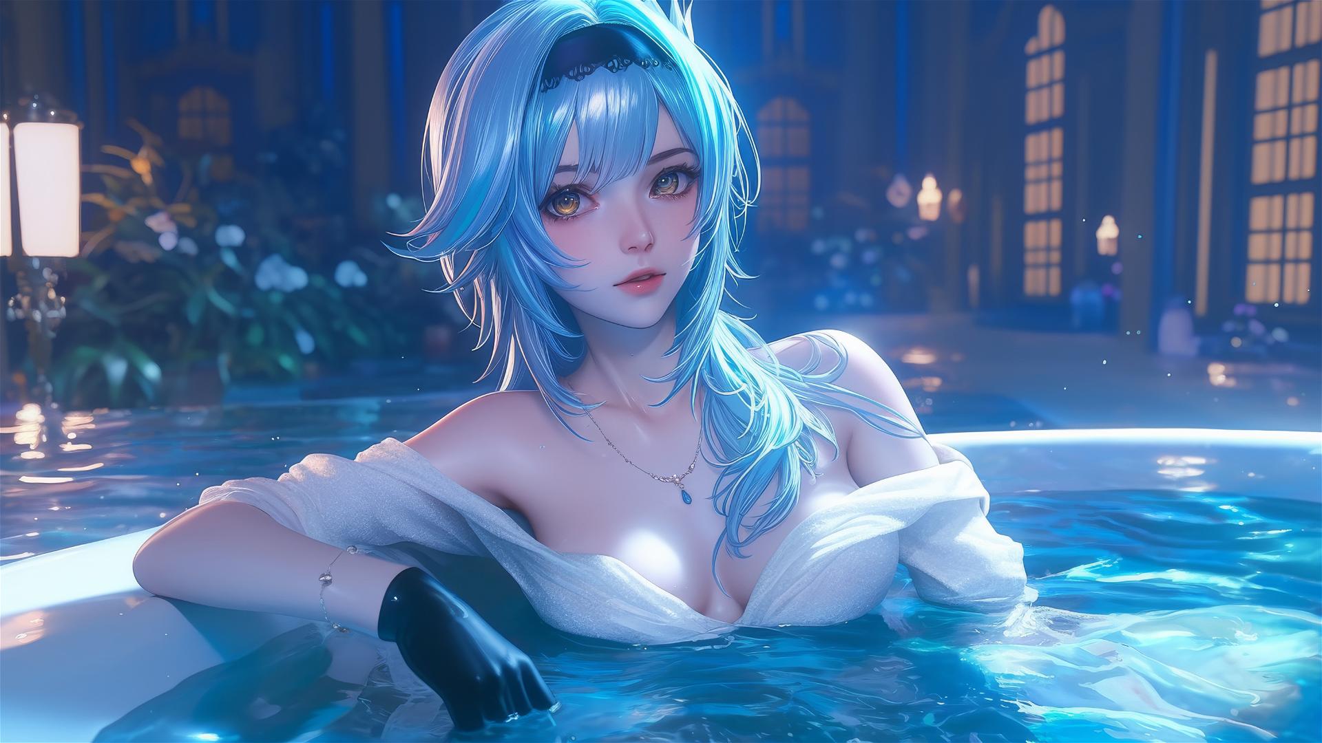 Eula Lawrence resting in a bathtub under moonlight, featuring light blue hair.
