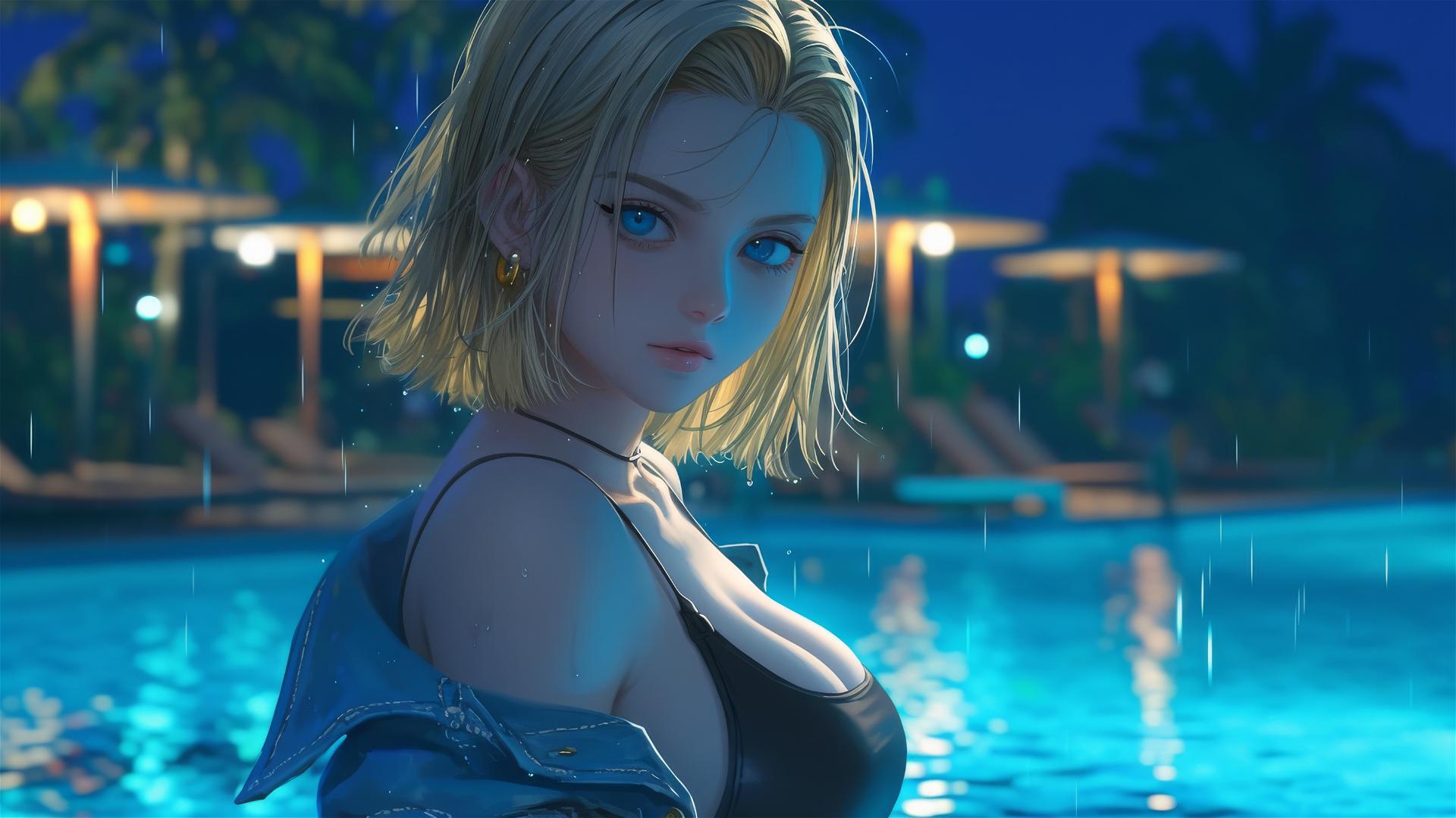 Android 18 resting by a rainy pool with moonlight glow