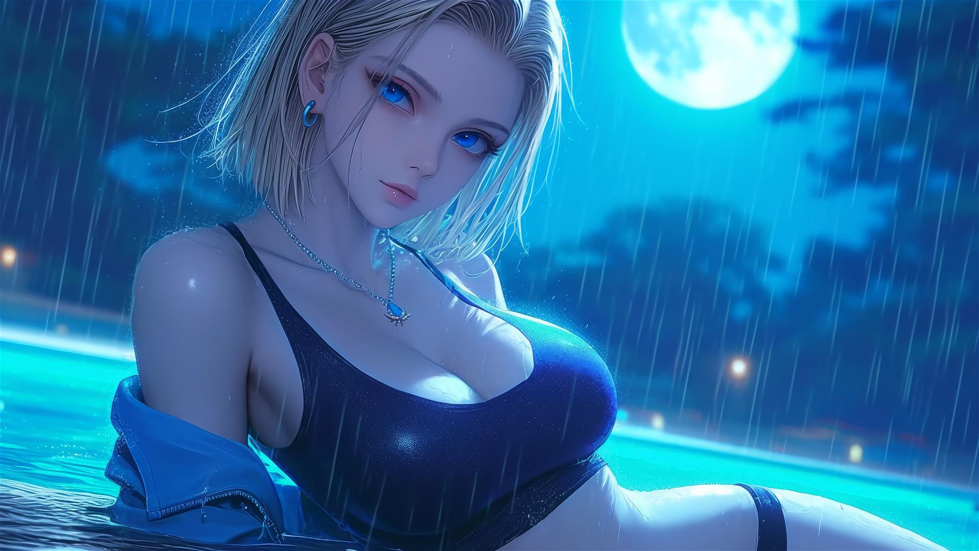 Android 18 relaxing by a rainy pool under soft moonlight