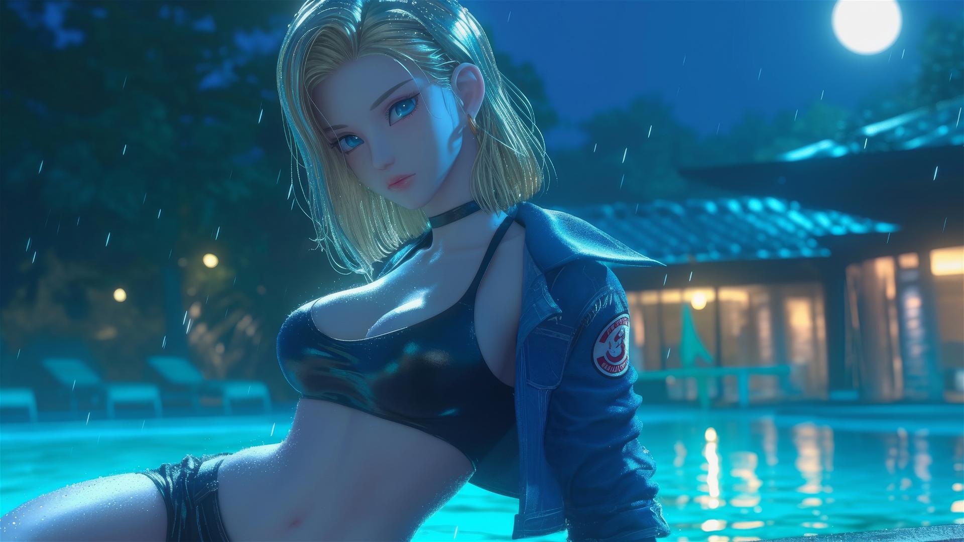 Android 18 from Dragon Ball resting by a rainy swimming pool, moonlight glow